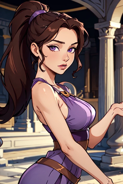 thick outlines, cartoon, photorealistic, perfect hands, masterpiece:1.2, greek palace, mythology, 1 girl, solo, skiny, tall, brown hair, ponytail, long hair, purple eyes, bare shoulders, long purple dress, medium breast, small waist, detailed background, detailed face, detailed eyes, 