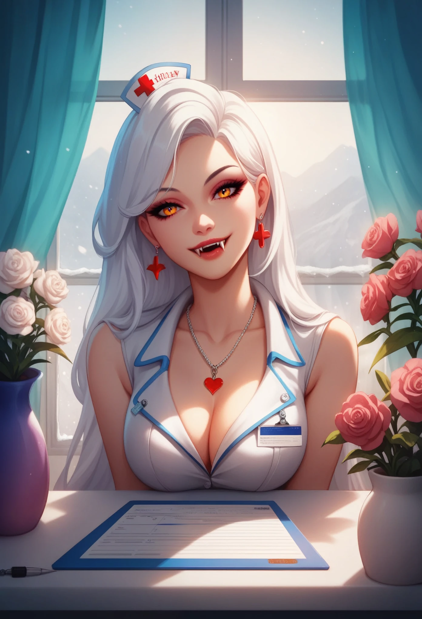 score_9, score_8_up, score_7_up, score_6_up, score_5_up, score_4_up,  Anime Vampire Girl , (fangs :1.4), smile, beautiful, sexy,  Long Snow-white hair ,  Dressed in A beautiful Nurse outfit , sits in a chair,  flowers in a vase are on the table ,  Background Office Medical ,  there is a gurney , screen ,  Window with beautiful curtains ,  Sunlight Breaks through the window, bright colors, 8 k,  Complex details ,  Maximum Quality, masterpiece,