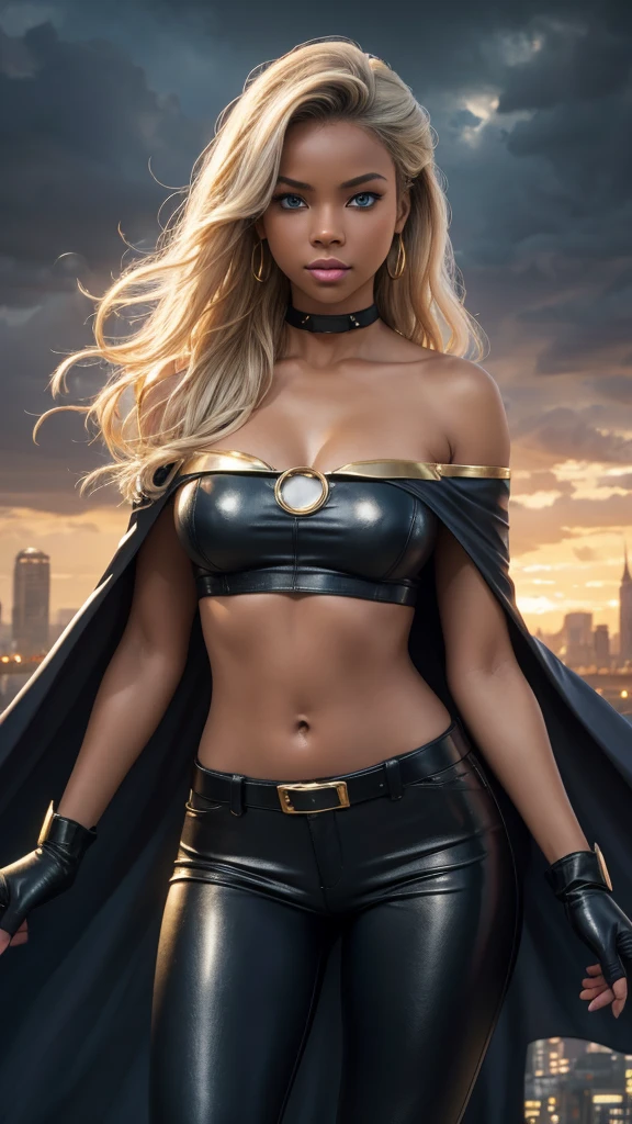 ,(Highly quality, masterpiece, detailed), stormy cloud city detailed scenario, stormy cloud city detailed background, 20 years old girl, dark clouds, rain, wet, 1girl, Ororo, dark skin, strapless, exposed shoulders, long hair, midriff, cape,l, gloves, skin tight pants, gold trim, Abdomen, Navel, beautiful eyes, perfect eyes, looking at the viewer, Sexy pose