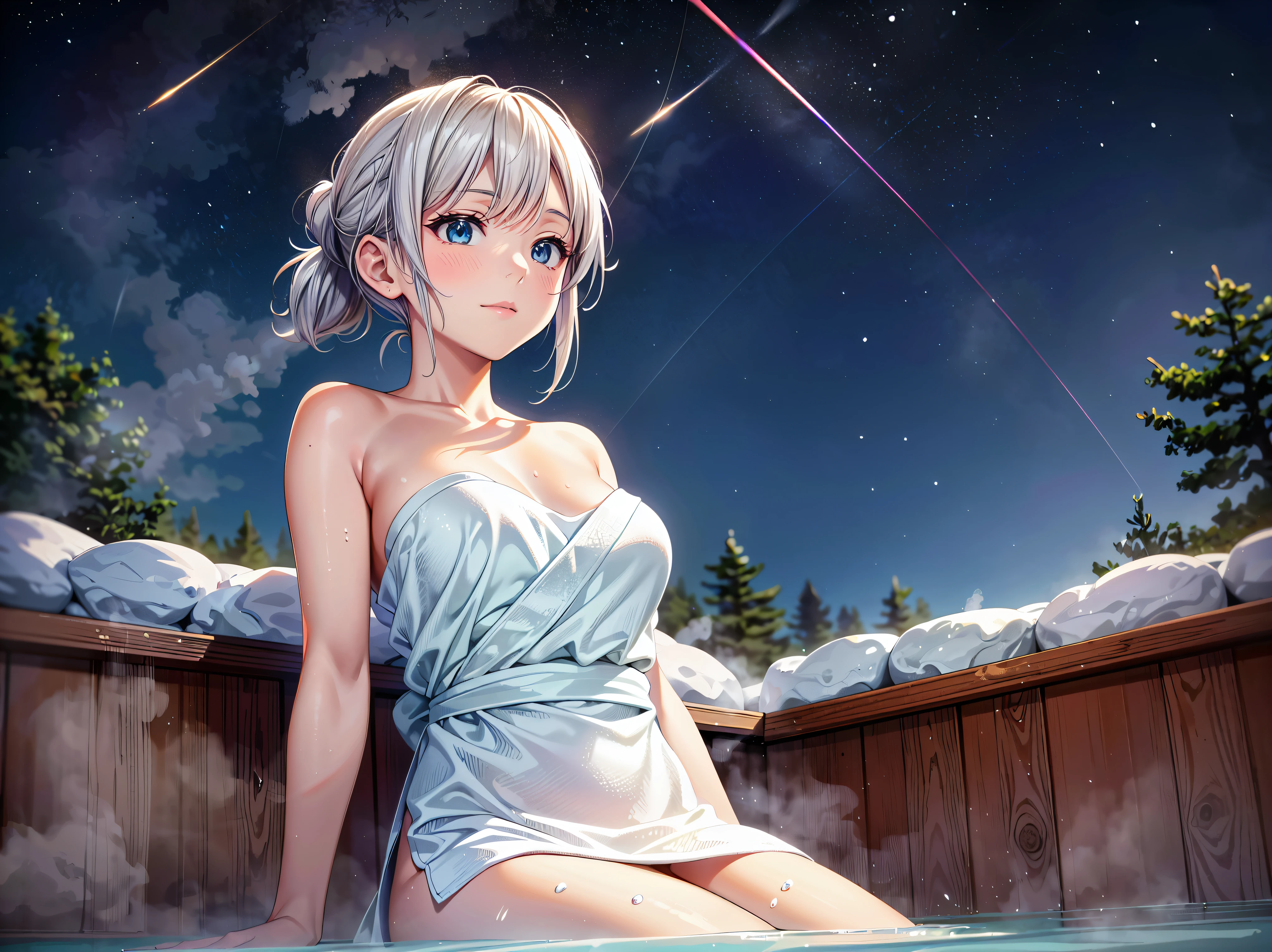 ( Ultra HD), (Super detailed), (Best Quality), Young woman,  wrap a white towel around your body,  Japanese Hot Springs,  Open-air Bath, Rock bath,  Yukemuri, ( steam :1.5), ((Submerge your body in the bath)), sit, relax,  upper body, 積もったsnow, (snow:1.1), (((looking up at night sky, from below, at side))), Starry Sky, Meteor Shower, 