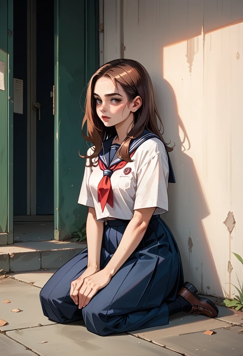  unparalleled masterpiece , Ultra-realistic 8K CG,  perfect artwork , (( perfect female image )), White woman with brown hair kneeling in a school uniform,  full body .