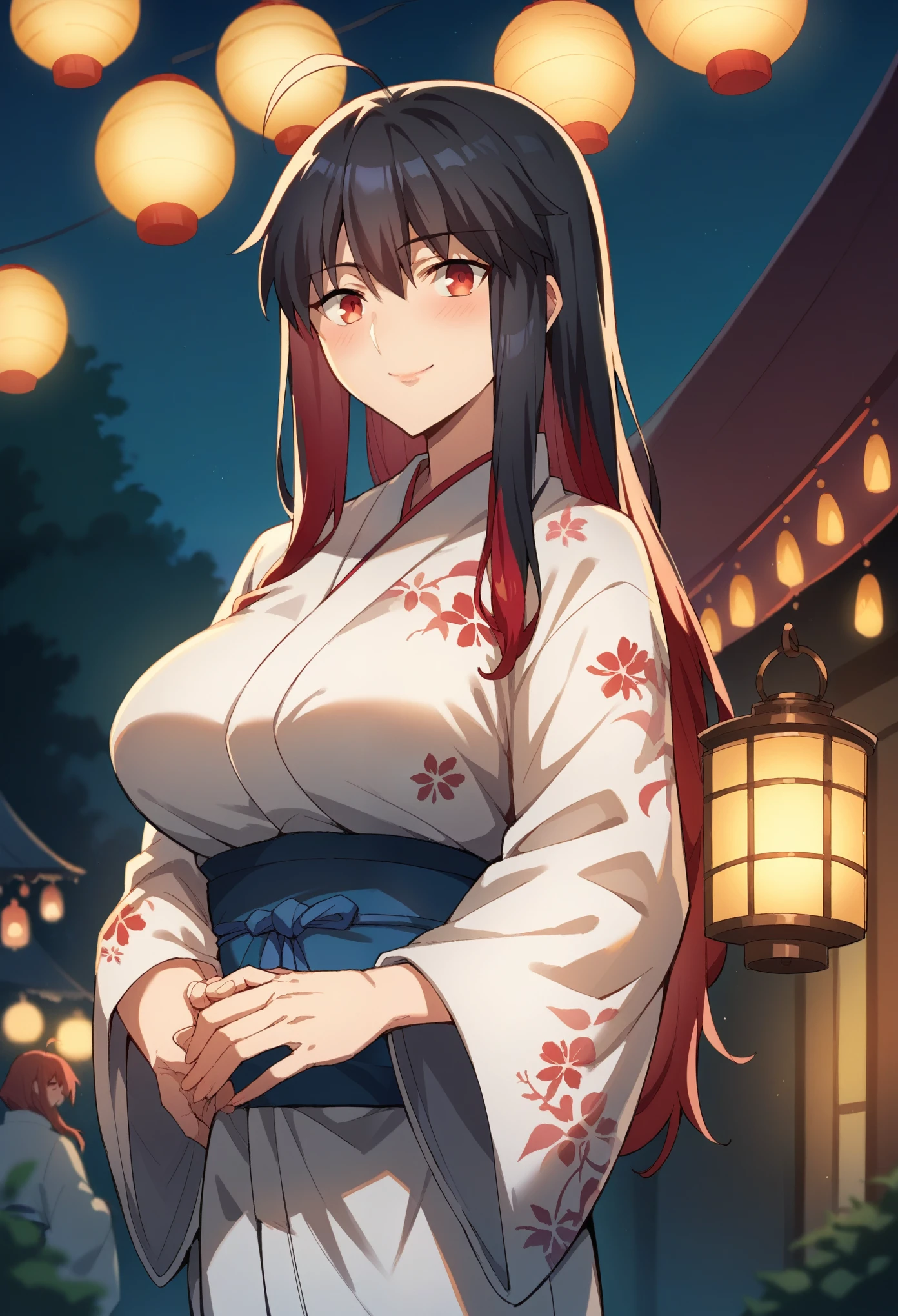 Score_9, Score_8_up, Score_7_up, ASCII masterpiece, source_anime, BREAK, 1girl, solo, artoriapendragon, artoriapendragon, artoria pendragon \(destiny\), know, black hair, red hair, multicolored hair, (multicolored hair: black and red), long hair, side locks, bangs, loose hair, red eyes, bangs, hair between the eyes, ahoge, curves, medium breasts, smile, dentures on the skin, lips, lips tie back kimono, kimono with floral print, long sleeve, wide sleeve,
standing, praying, looking at viewer, smiling, blushing,
outside, festival, midsummer festival, summer, night, lantern, market stall, moonlight,
(Beautiful and big breasts: 1.2), natural breasts,