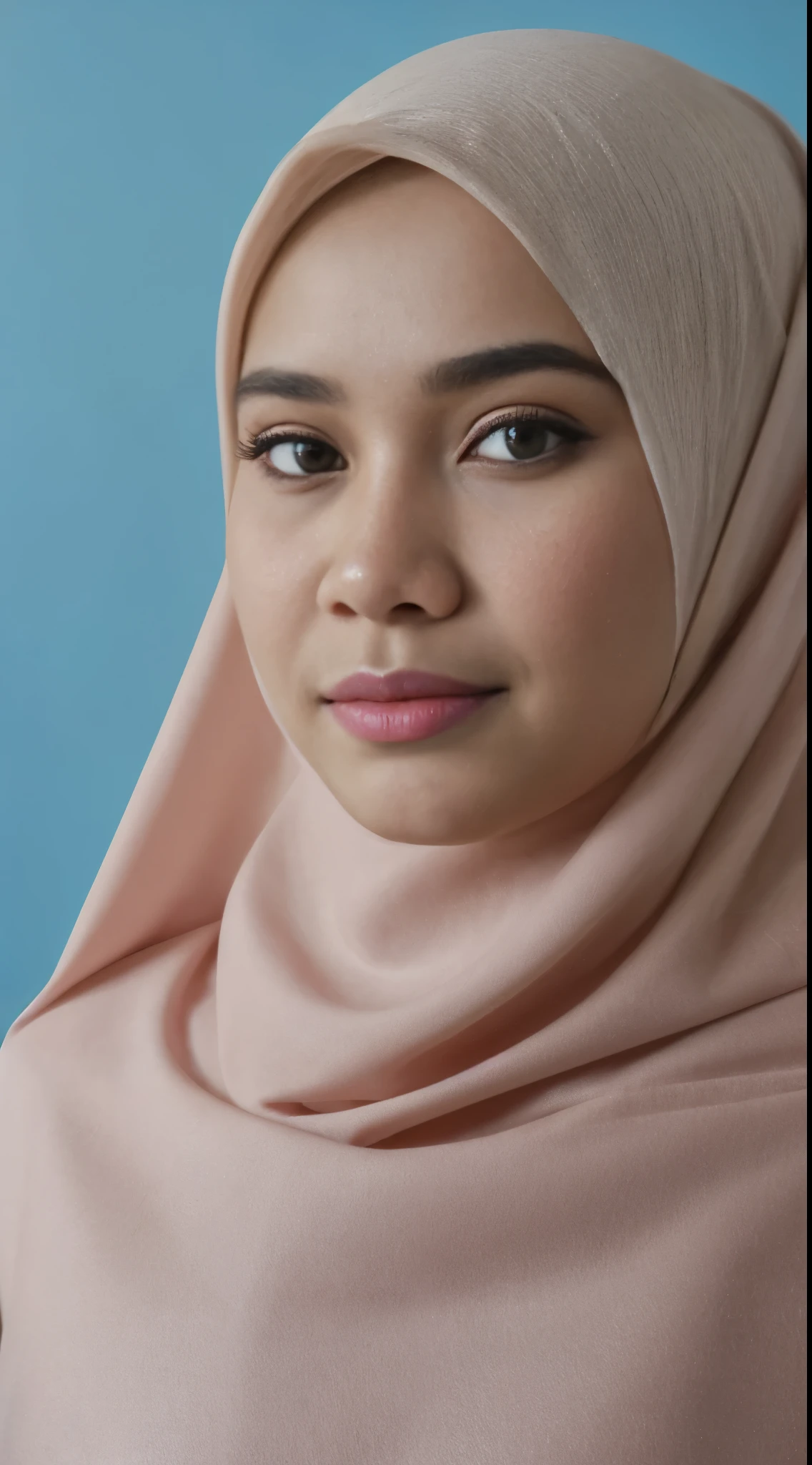 1 malay girl , modern pom-pom hijab, shy, medium portrait shot , watery eyes , medium sagging breast, blue glowing particles, wear soft yellow cotton beginner bra and panties, blue bedroom background, bright front light, 8mm lens, Extreme close-up, pastel color grading, depth of field cinematography effect, film noir genre, 8k resolution, high quality, ultra detail,