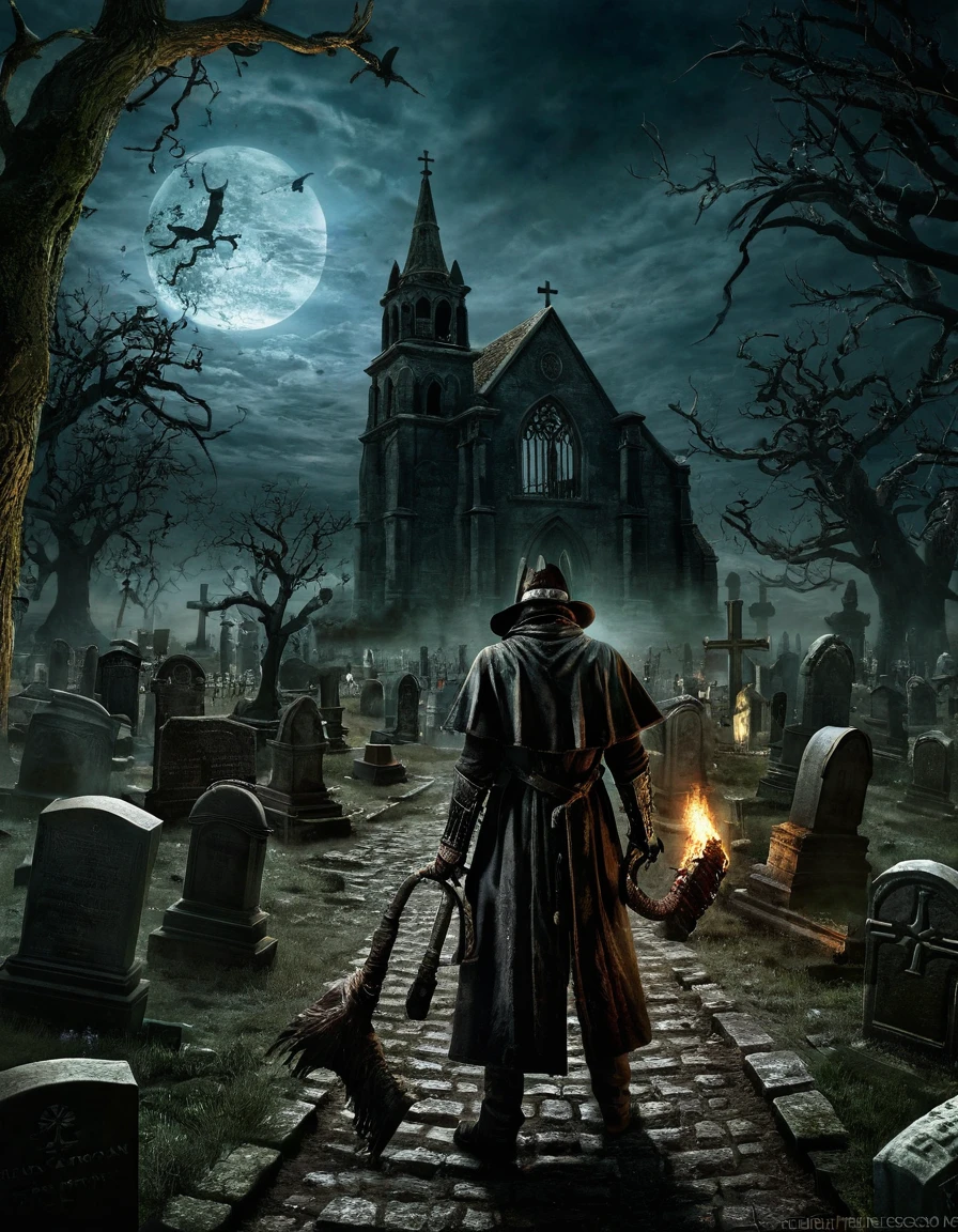  Alone, Father Gascoigne(1.3)、background, Cemetery,  Dark Fantasy Art ,  Best Quality , wide shot,  Ultra Wide Angle, 