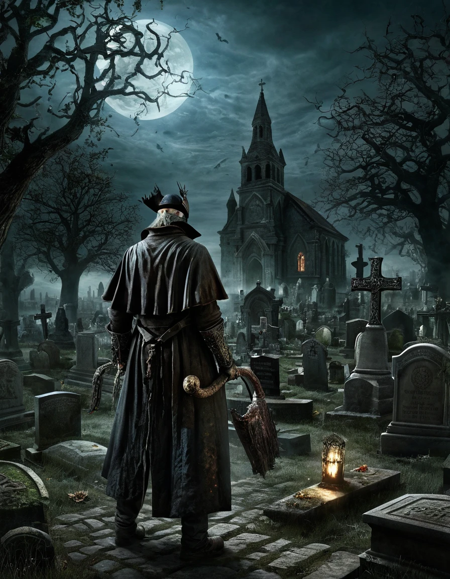  Alone, Father Gascoigne(1.3)、background, Cemetery,  Dark Fantasy Art ,  Best Quality , wide shot,  Ultra Wide Angle, 