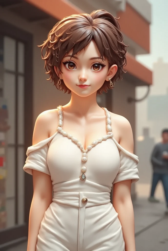 ((icing cookie)), psanime, perfect body, cowboy shot of a beautiful Asian woman wearing a white off shoulder shirt and white skirt standing outside a cafe, she is posing, she has pretty lipstick, she is smiling gently