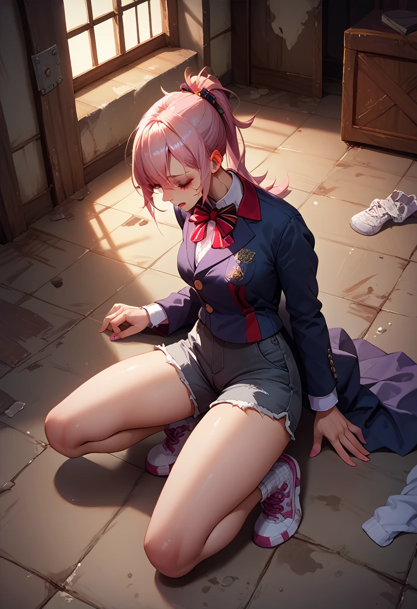  girl、On the floor of an abandoned house、 The floor is messy、Dynamic Expressions、blazer、 shorts