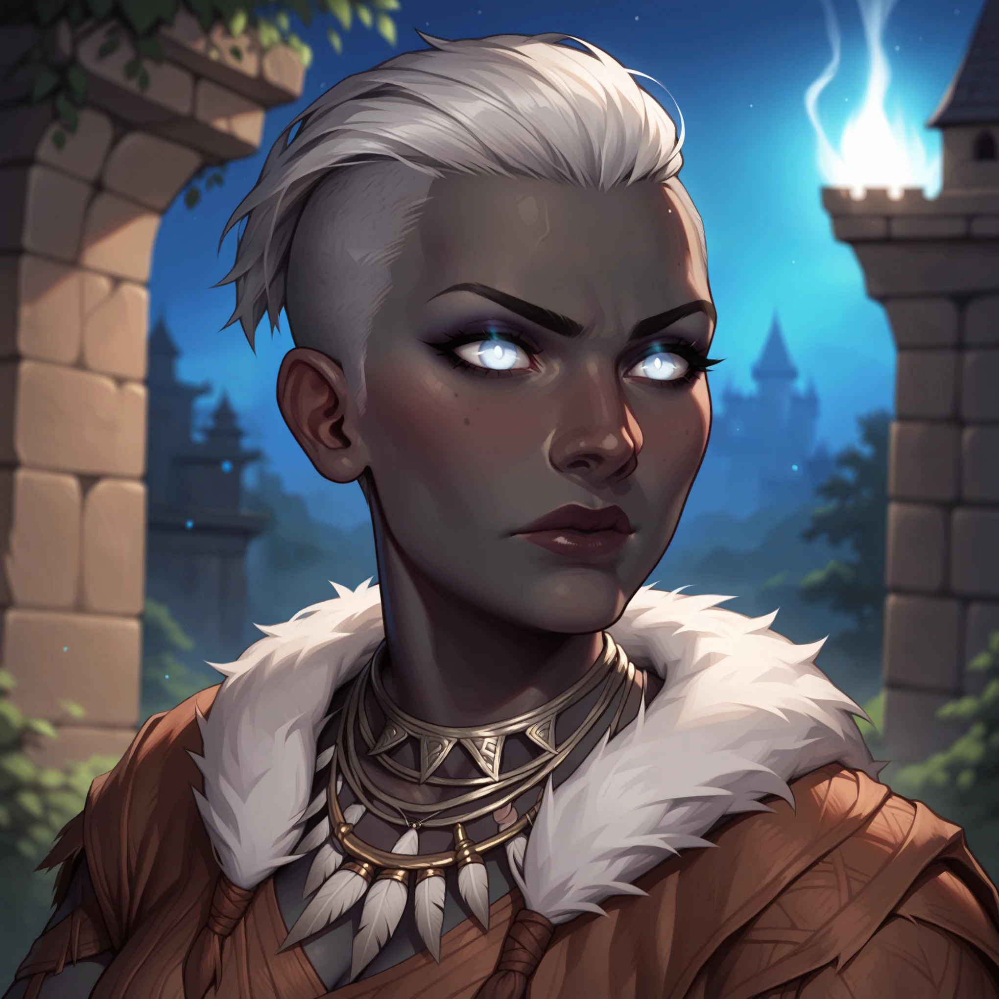 (((beautiful, high quality, comics style, detailed face))), score_9, score_8_up, score_7_up, BREAK, 1woman, beautiful african woman, aasimar, white eyes, glowing eyes, storm goddess, grey black skin, silver hair, buzzcut hair, aura, serious expression, druid, tribal clothes, natural accessories, fur cape, solo, portrait, upper body, portrait, at night, castle background, fantasy, blurred background, Expressiveh, detailxl