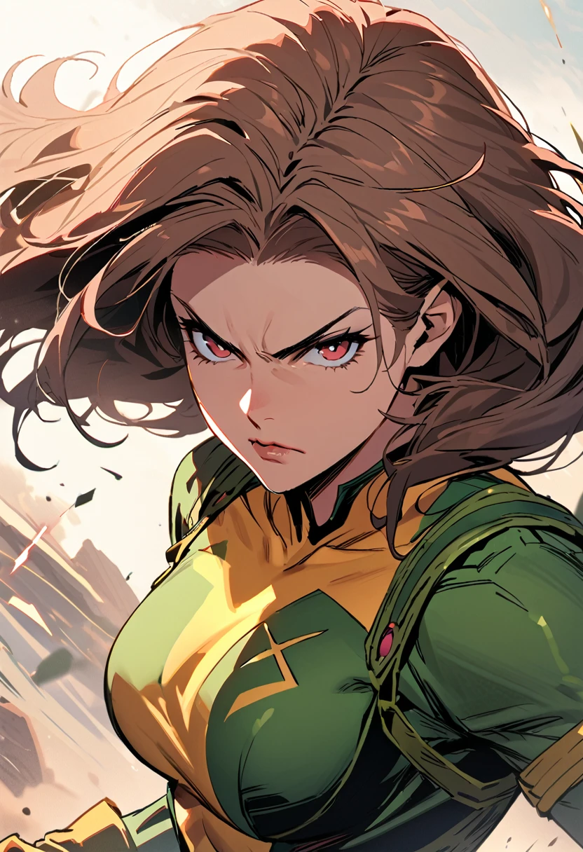  High resolution, portrait,  full body , battle pose, without defects, woman, rogue (marve) X-Men, breasts,   serious expression  