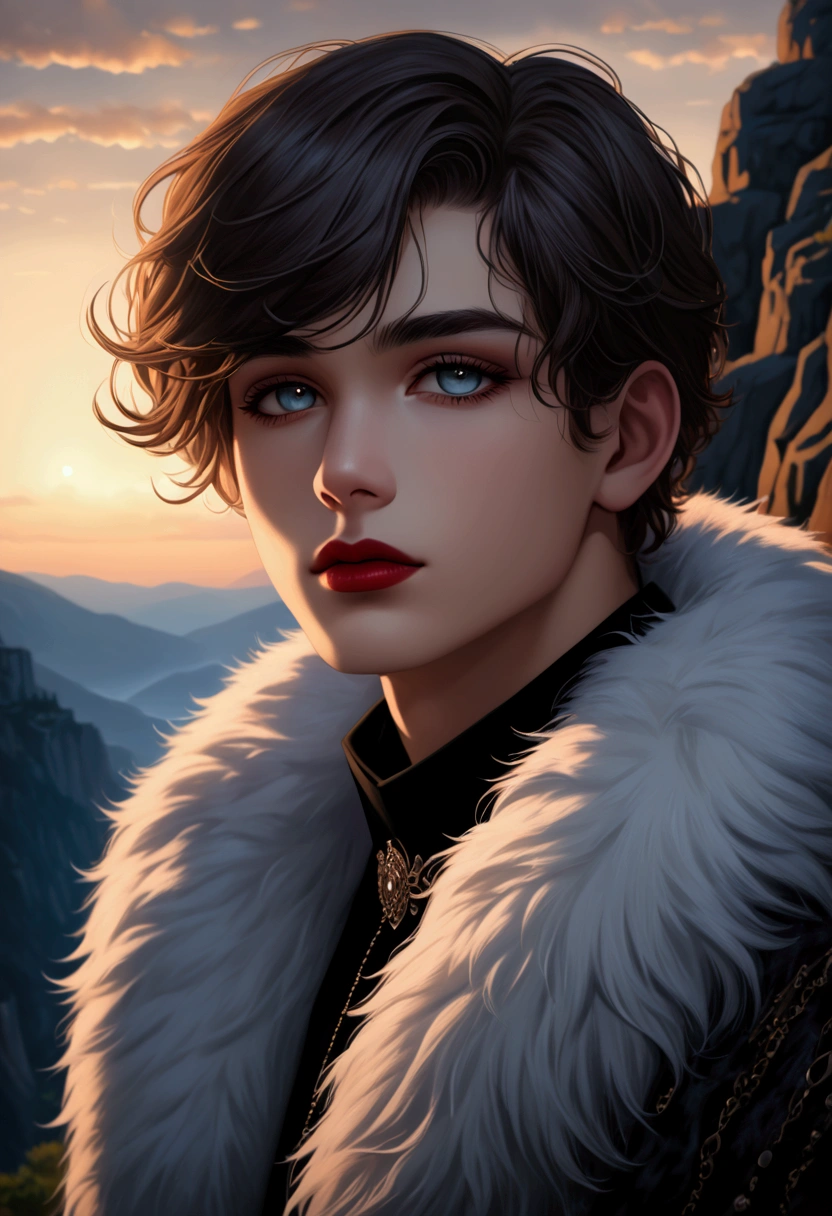 chrrblssm (sharp focus:1.2), photo, cute young boy, (beautiful face:1.1), detailed eyes, luscious lips, (smokey eye makeup:0.85), wearing (fur coat:1.2) on a (cliffside:1.2). (moody lighting:1.2), depth of field, bokeh, 4K, HDR. by (James C. Christensen:1.2|Jeremy Lipking:1.1).