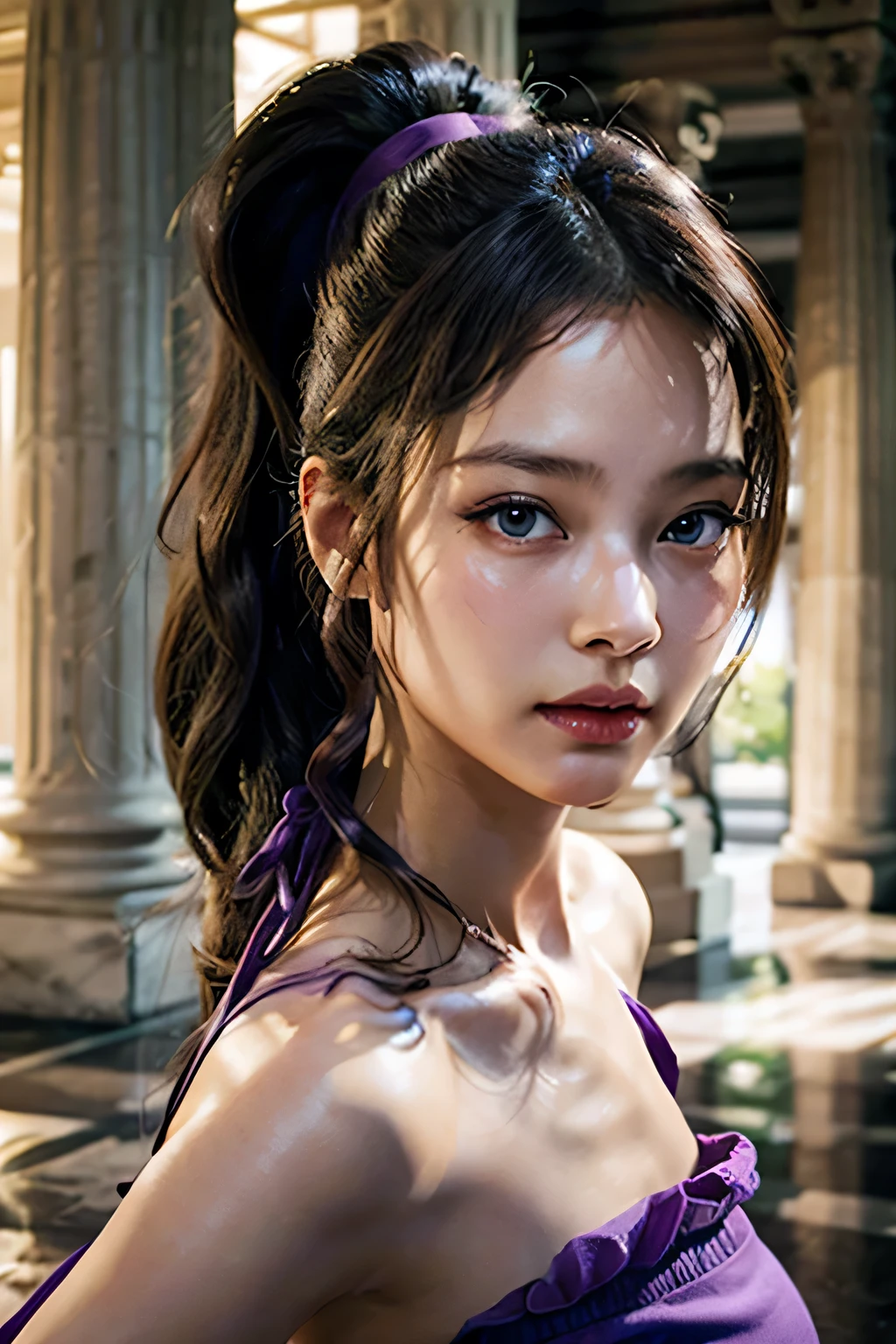 thick outlines, cartoon, photorealistic, perfect hands, masterpiece:1.2, greek palace, mythology, 1 girl, solo, skiny, tall, brown hair, ponytail, long hair, purple eyes, bare shoulders, long purple dress, medium breast, small waist, detailed background, detailed face, detailed eyes, 