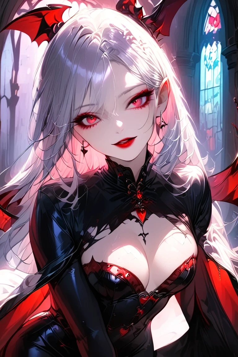 1 young beautiful woman,(Best Quality, Extremely Detailed Description , incredibly absurd high definition,Curvaceous Body),(Female vampire),(Vampire Dress,latex, black tights, High Heels , thigh high boots,Red Gem, accessories with gray hair),( Red Eyes,Vertically drawn pupils, bewitching smile,Red lipstick,Sharp teeth, pointed ears,Flashy makeup,Shadowed face, half-closed eye,Beautiful thighs,Beautiful legs, beautiful body line, pale, beautiful skin,wing,Seductive gestures, looking for a tongue ),Full body image, Stained Glass,church,Side view:1.3