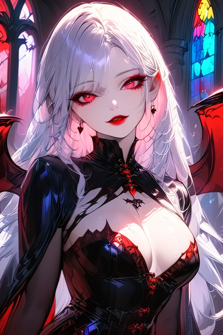 1 young beautiful woman,(Best Quality, Extremely Detailed Description , incredibly absurd high definition,Curvaceous Body),(Female vampire),(Vampire Dress,latex, black tights, High Heels , thigh high boots,Red Gem, accessories with gray hair),( Red Eyes,Vertically drawn pupils, bewitching smile,Red lipstick,Sharp teeth, pointed ears,Flashy makeup,Shadowed face, half-closed eye,Beautiful thighs,Beautiful legs, beautiful body line, pale, beautiful skin,wing,Seductive gestures, looking for a tongue ),Full body image, Stained Glass,church,Side view:1.3