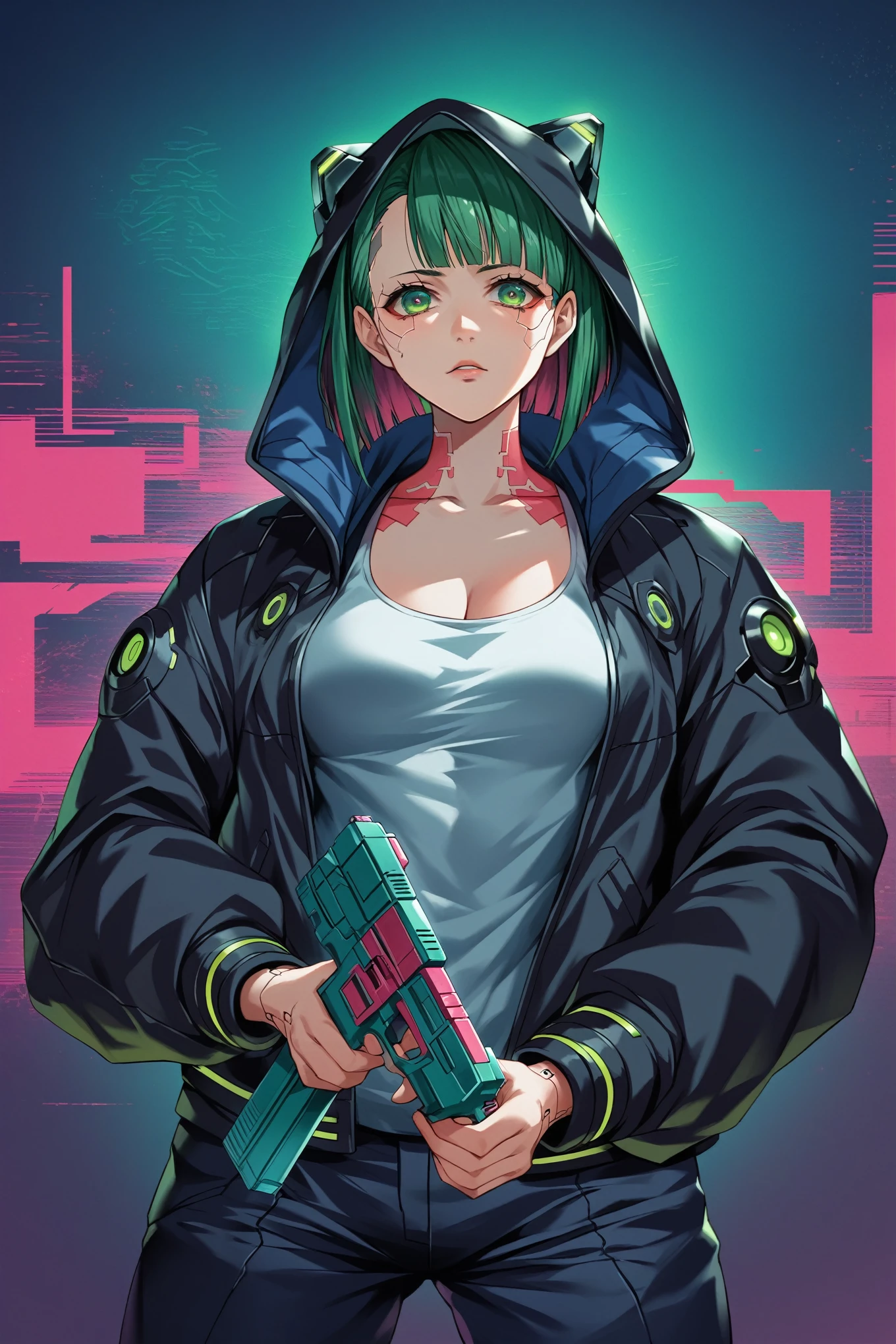 a woman with green eyes and a black jacket holding a gun, anime cyberpunk art, cyberpunk anime girl, best anime 4k konachan wallpaper, cyberpunk anime girl mech, female cyberpunk anime girl, cyberpunk anime art, anime style 4 k, digital cyberpunk anime art, cyberpunk anime girl in hoodie, anime wallpaper 4k, anime wallpaper 4 k, anime cyberpunk, skullzero loco letter