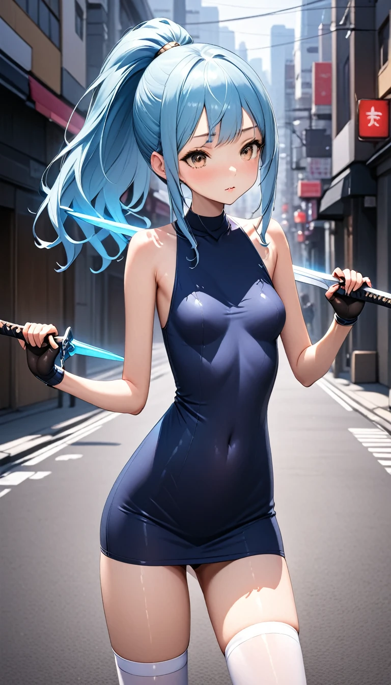 ((masterpiece,Best Quality:1.3,best quality illustrations)),cowboy shot,1woman,adult,(ponytail),straight long hair,light_blue hair,(very small head:1.2),bangs,gorgeous eyes,brown eyes,blush,(very long body:1.1),small breasts,( dark blue tank mini dress ,white_thighhighs),navy blue fingerless gloves,slender body,toned body,shiny skin,( holding a blue glowing sword 、Hold your sword correctly :1.2、Accurately drawn hands:1.2),Figure fighting monsters with swords:1.3、on street,(Hordes of Monsters Are People 々A giant cockroach attacks )Dark Clouds、Shinjuku、Tokyo、 Modern Fantasy World 、