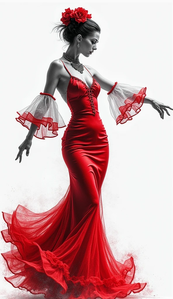 **Wonderful digital painting of a white semi-transparent smoke vapor of a beautiful and gorgeous flamenco dancer in a stylized pose. The dancer, with a slender build and fair skin, is wearing a black and red tailcoat and gracefully holding a fan. The background is dark, black, solid and nuanced, which contrasts sharply with the vibrant colors of the clouds, enhancing the ethereal and dreamlike quality of the image**
