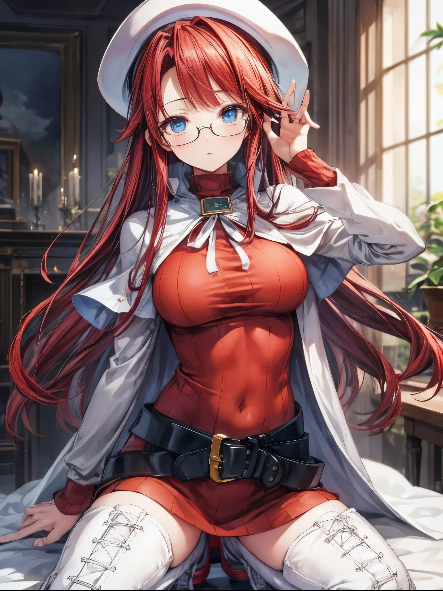 masterpiece, best quality, integrated scenery, integrated background, extremely delicate and beautiful, meticulous details, good composition, , cute face, perfect face, perfect hands, best quality, summonnightaty, aty, (young:1.3),long hair, blue eyes, red hair, large_breasts, hat, glasses,
BREAK long hair, thighhighs, dress,  glasses, belt, cape, sweater, zettai ryouiki, beret, thigh boots, white footwear, ribbed sweater, loose belt,solo,
BREAK  fantasy,
,Highquality_hads,perfect_fingers,
BREAK (masterpiece:1.2), best quality, high resolution, unity 8k wallpaper, (illustration:0.8), (beautiful detailed eyes:1.6), extremely detailed face, perfect lighting, extremely detailed CG, (perfect hands, perfect anatomy),(covered_nipples:0.7),(covered_navel:0.7) ,half_eyes,,sleepy_eyes,red_sweater,apart_knees,spread_legs,rise_knee,light_Smile,rise_hand,open_arms,beach_landscape,,(plump:0.6),open_mouth, dynamic_angle,solo,kneeling, slouch,half_eyes,