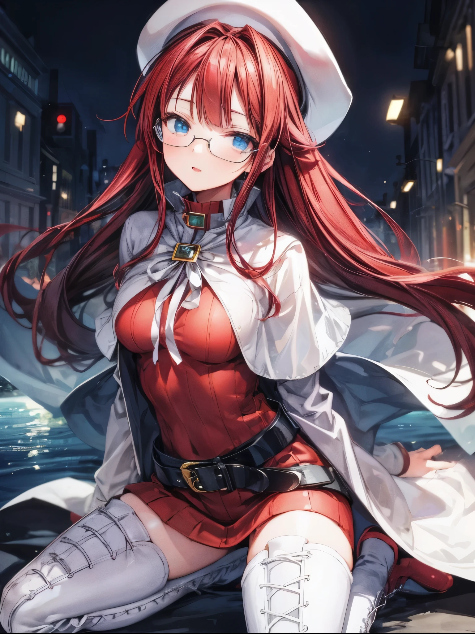 masterpiece, best quality, integrated scenery, integrated background, extremely delicate and beautiful, meticulous details, good composition, , cute face, perfect face, perfect hands, best quality, summonnightaty, aty, (young:1.3),long hair, blue eyes, red hair, large_breasts, hat, glasses,
BREAK long hair, thighhighs, dress,  glasses, belt, cape, sweater, zettai ryouiki, beret, thigh boots, white footwear, ribbed sweater, loose belt,solo,
BREAK  fantasy,
,Highquality_hads,perfect_fingers,
BREAK (masterpiece:1.2), best quality, high resolution, unity 8k wallpaper, (illustration:0.8), (beautiful detailed eyes:1.6), extremely detailed face, perfect lighting, extremely detailed CG, (perfect hands, perfect anatomy),(covered_nipples:0.7),(covered_navel:0.7) ,half_eyes,,sleepy_eyes,red_sweater,apart_knees,spread_legs,rise_knee,light_Smile,rise_hand,open_arms,beach_landscape,,(plump:0.6),open_mouth, dynamic_angle,solo,kneeling, slouch,half_eyes,