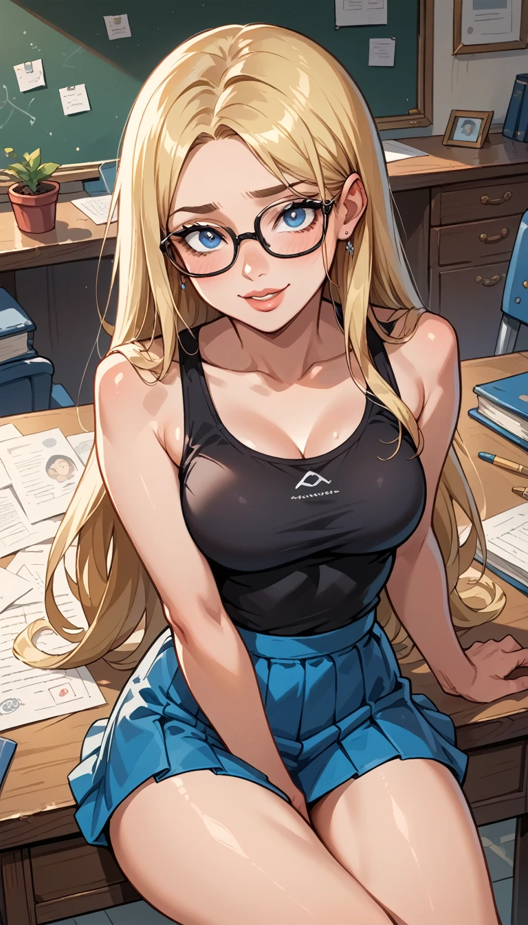  photo of a blond woman wearing black-rimmed glasses ,Blonde hair,  look at the observer , shiny lips ,  very sexy,  sitting at the desk , sensual smile, long hair, Show the thighs ,black tank top shirt and light blue mini skirt , mini skirt,  abused,  high definition, global illumination,perfect anatomy, 
