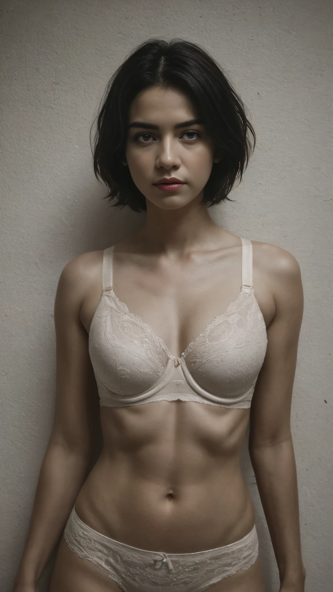 best quality, masterpiece, ultra high resolution, (realistic:1.5), raw photo, 1 woman,, in the dark, deep shadows, low key, cold light, sexy look, Short hair, smooth , sexy , leaf shadow, Seamless bra