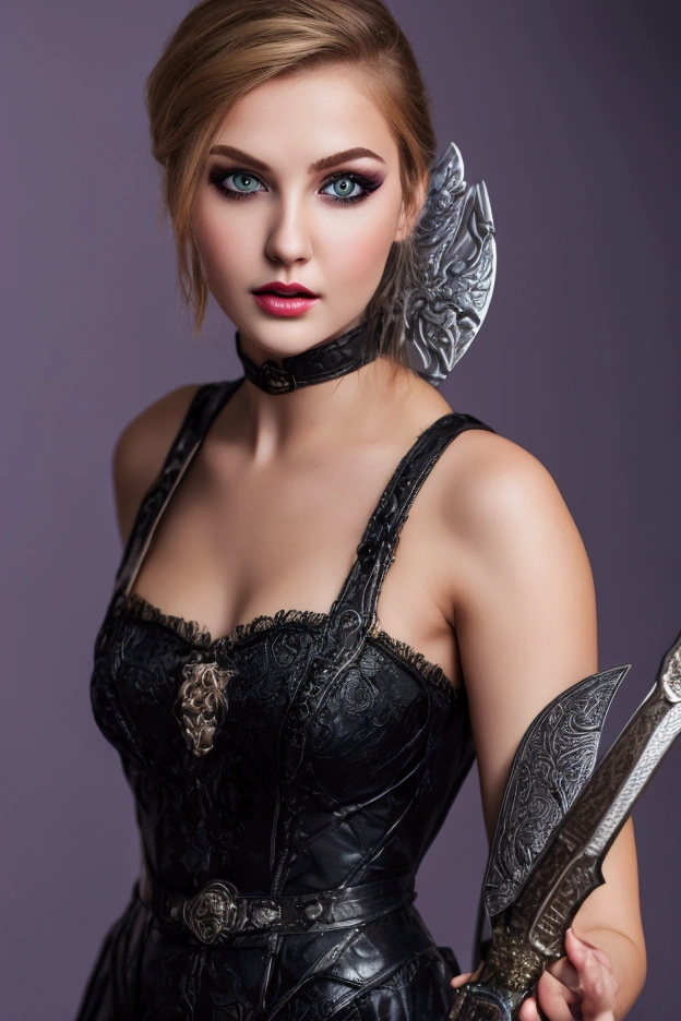  a blonde girl with wide green eyes with prominent eyeliner and mascara, full lips with purple rouge outlined in black, wearing a short dress  and carrying a big sword, short hair, tomahawk, full body, white background