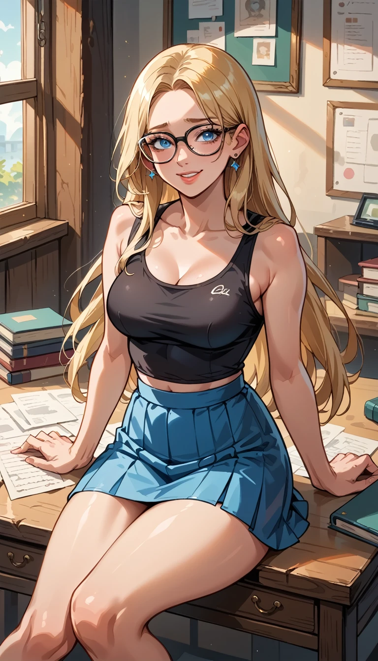  photo of a blond woman with black-rimmed glasses ,Blonde hair,  look at the observer , shiny lips ,  very sexy,  sitting at the desk , sensual smile, long hair, Show the thighs ,black tank top shirt and light blue mini skirt , mini skirt,  abused,  high definition, global illumination,perfect anatomy, 
