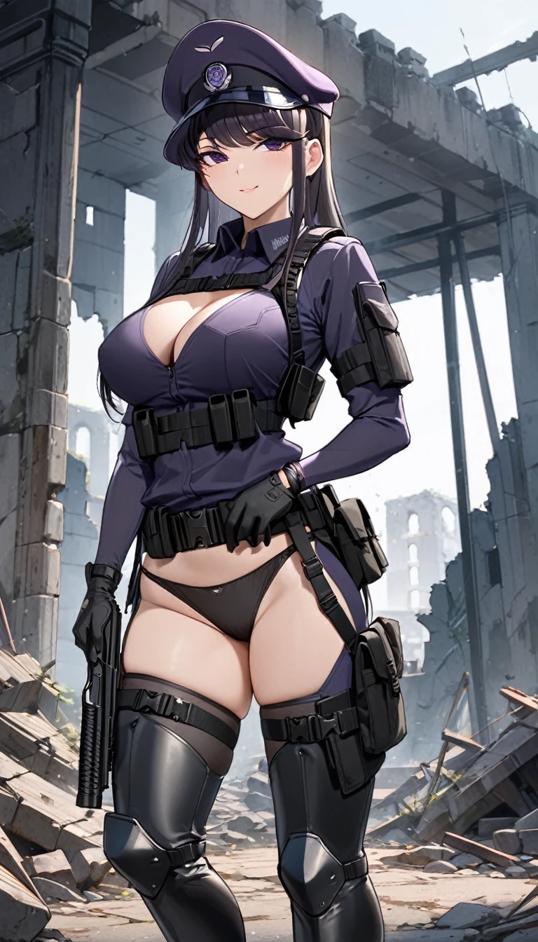 ultra-detailed, 1girl, komi_shouko, ((masterpiece)), (best quality), (highres), 16K, perfect face, purple eyes, long hair, black hair, bangs, hat, wearing tactical clothes, wearing black panties, black gloves, tactical belt, thigh boots, busty body, large breasts and a beautiful ass, showcasing cleavage, legs, hips, holding gun, looking at viewer, smile, detailed full body, ruins background