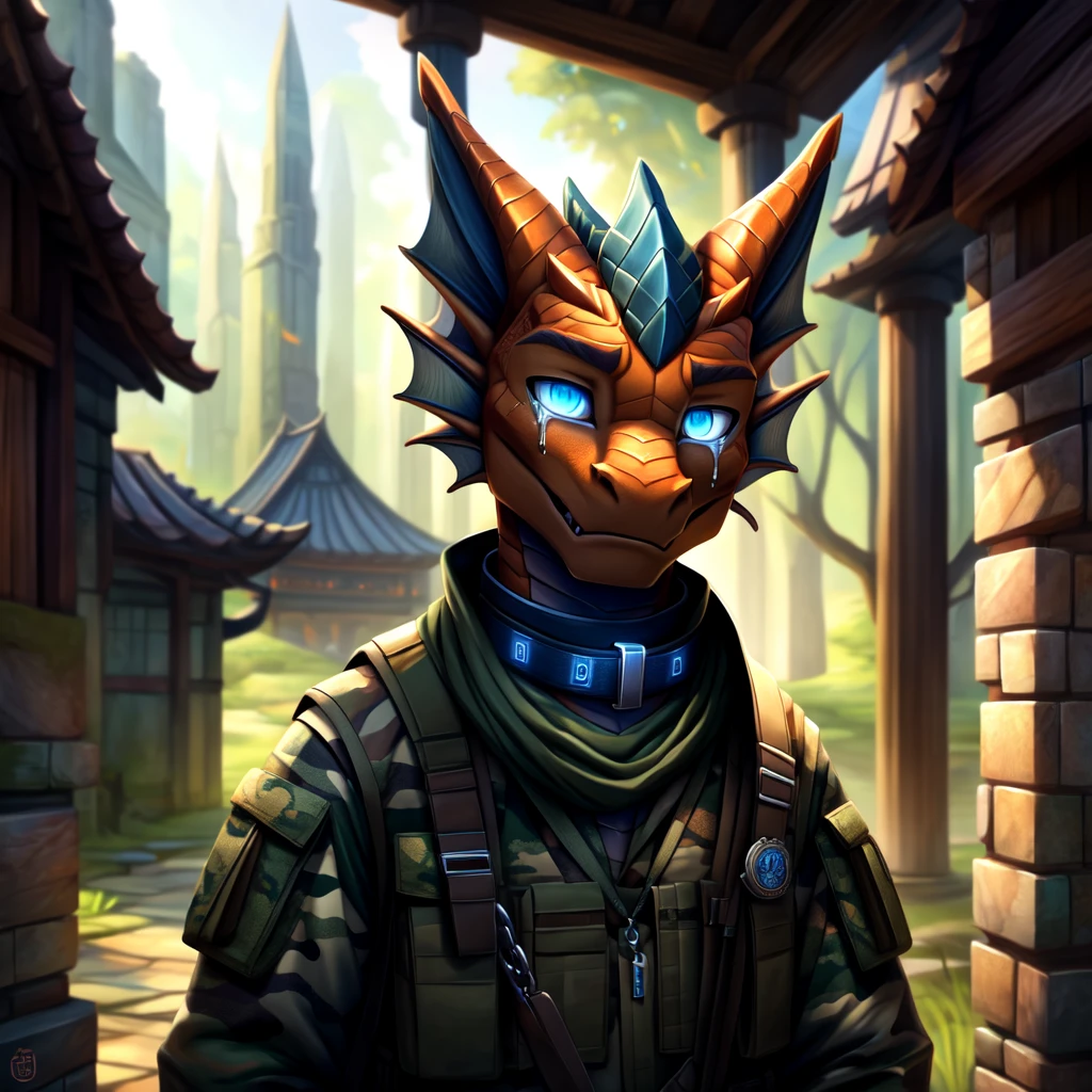 ( detailed crying ,  detailed face ,  detailed background,  detailed body )
A dragon boy , jung, cuddly ,  he has orange scales ,  glowing eyes,  blue eyes,  he is wearing camouflage clothes ,  a collar around his neck.