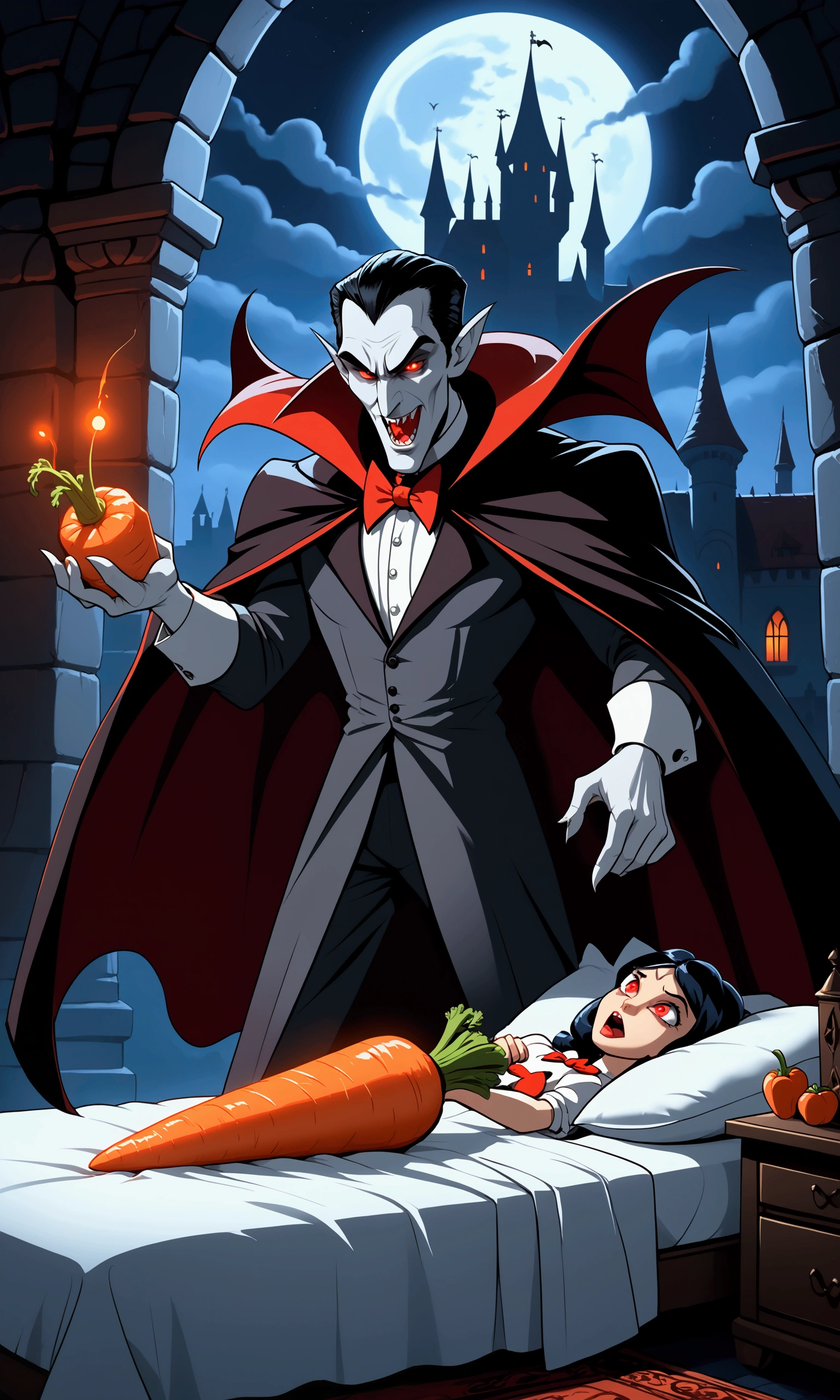 (Pixar, cartoonish) Dracula carrot (carrot main body, huge fanged mouth, evil red glowing eyes, traditional Dracula, cloak) unfurls his cloak and terrorizes a carrot fem fatale in her bed, castle