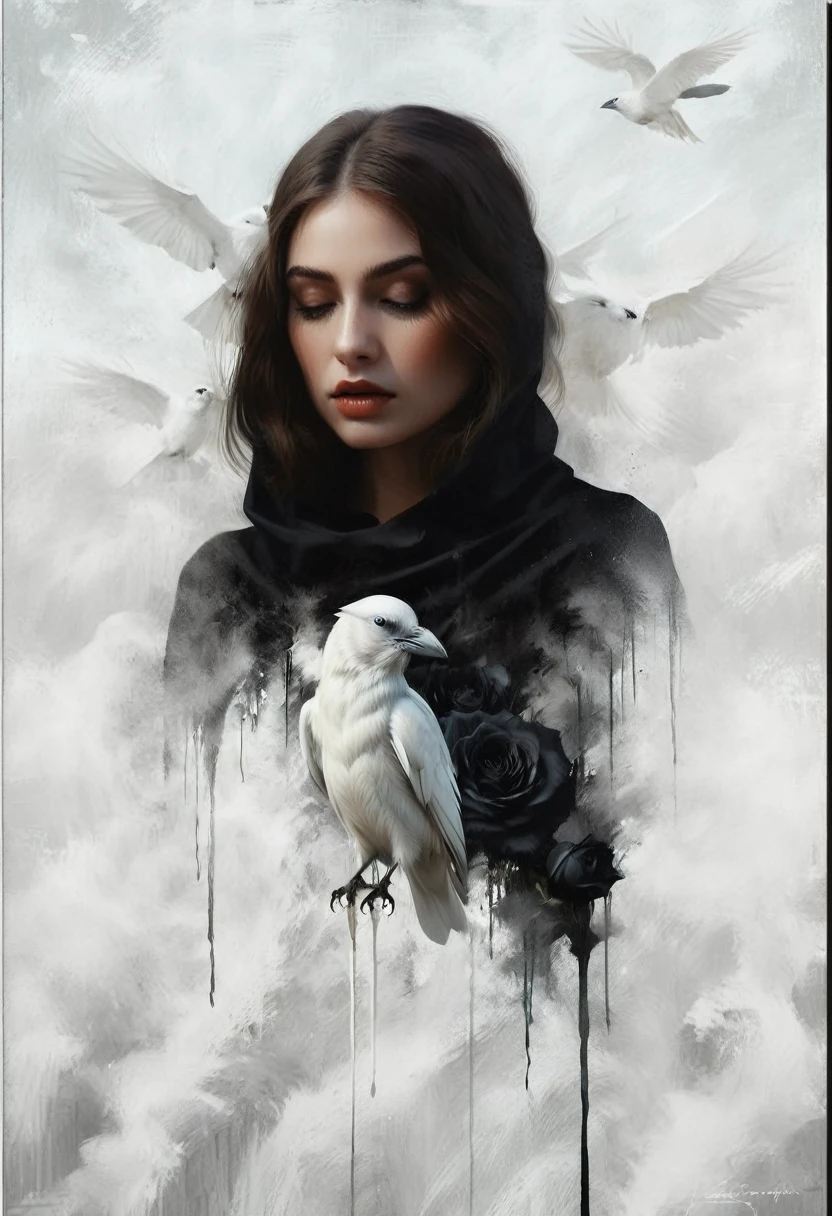 vibrant watercolor portrait, <lora:henv:0.9> mn, head and shoulders shot of a stunning Luxembourger woman with a tired expression ( theme:1.1) sad, ethereal soul reaper, hooded, dynamic pose, reaper, omen, death, floating particles, dark shadows, graveyard in background, ravens in background, wind, mysterious lighting, sinister dark atmosphere,