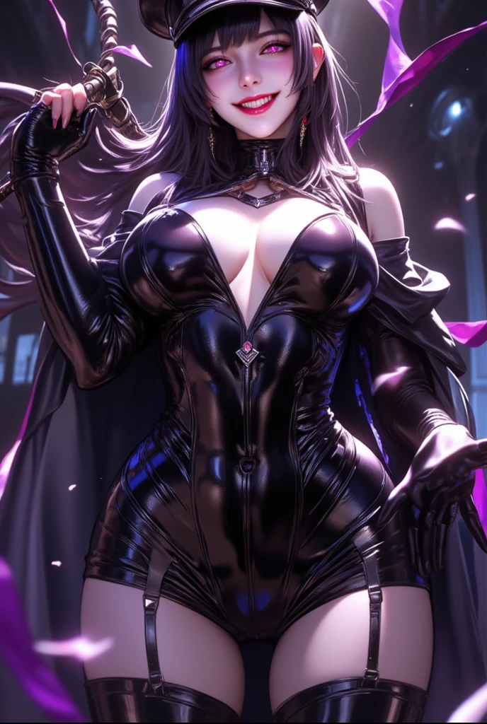  mature beautiful woman ,(Best Quality, Extremely Detailed Description , incredibly absurd high definition, Sharp Teeth Like a Beast ,Curvy Legs,Detailed pupil, Pottery Skin ,High quality anime drawings:2.0),(Female executive of an evil organization:2.3),(Black latex military costume:1.5, shiny black bondage dress with an intricate structure:2.0,military hat,Military cloak,Costume mask,Leather thigh-high boots, long gloves ,Leather Choker, black tights),eyelash, eyeshadow,(Glowing purple eyes,Crazy Eyes:2.0, Half-Closed Eyes :2.0, big chest, wicked smile:2.3,Shiny purple lips,Shadowed face,Seductive gestures,holding a whip in his hand:2.0),whole body, looking for a tongue ,From below:2.0,There's a chick on the head :2.3