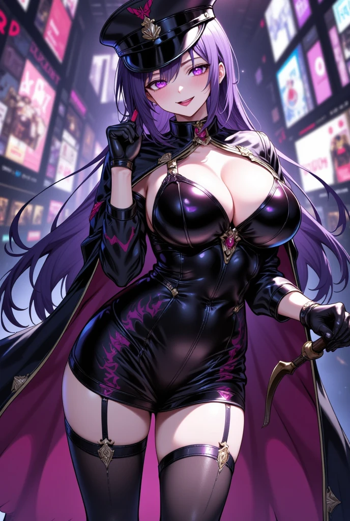  mature beautiful woman ,(Best Quality, Extremely Detailed Description , incredibly absurd high definition, Sharp Teeth Like a Beast ,Curvy Legs,Detailed pupil, Pottery Skin ,High quality anime drawings:2.0),(Female executive of an evil organization:2.3),(Black latex military costume:1.5, shiny black bondage dress with an intricate structure:2.0,military hat,Military cloak,Costume mask,Leather thigh-high boots, long gloves ,Leather Choker, black tights),eyelash, eyeshadow,(Glowing purple eyes,Crazy Eyes:2.0, Half-Closed Eyes :2.0, big chest, wicked smile:2.3,Shiny purple lips,Shadowed face,Seductive gestures,holding a whip in his hand:2.0),whole body, looking for a tongue ,From below:2.0,There's a chick on the head :2.3