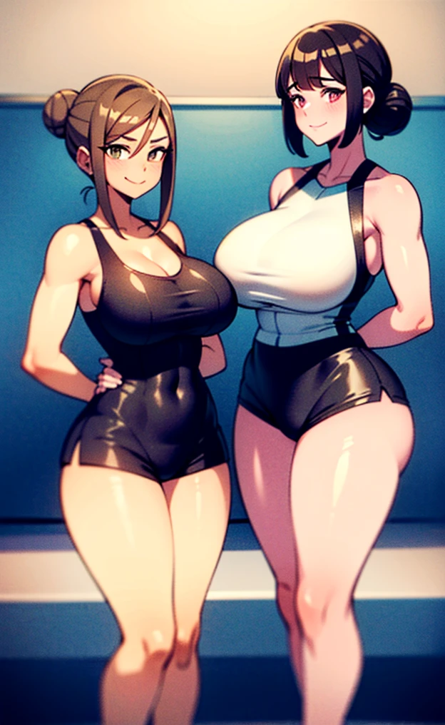 Two sisters, adult women. Comparing their height and their breasts. Standing breast to breast. Sister on the left is 6ft 7in tall and 275lbs with immense J-cup breasts that project far outward. Brown hair in a loose bun at the back. Leggings and tube top. Sister on the right is 6ft 3in tall and 235lbs with moderately large breasts and bubble butt. She is wearing short shorts and a halter top. She has mediun length black hair brushed to one side.They smile but they are feeling competitive. The shorter sister looks more jealous. Standing on a tennis court.