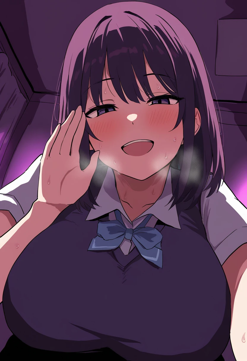 goroutame,
masterpiece, best quality ,nsfw, 1girl, large breasts, tall female, upper body, school uniform, blush, half-closed eyes, open mouth, sweat,
jitome, smile  , leaning forward,  looking at viewer, close-up,  asmr, (whispering), heavy breathing,  shadow,
pov, from below,   hotel room, love hotel,dark room,  night, dark purple light, messy room, sweat, steaming body, steam,