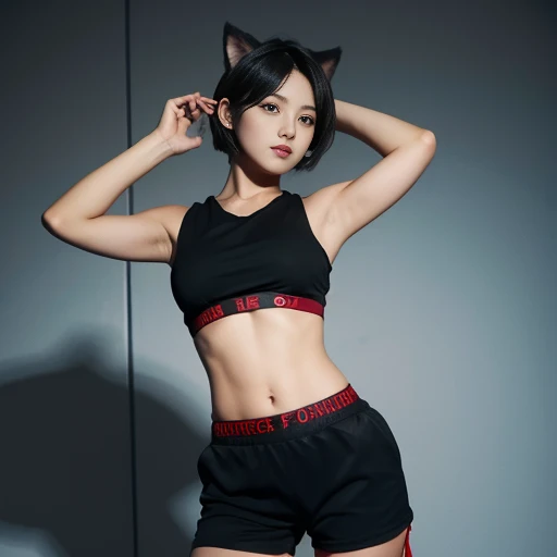 ，black shorts，short hair，Red fur，dark background，alone，standing，cat ears，Put your hands behind your head,(((bulge)))