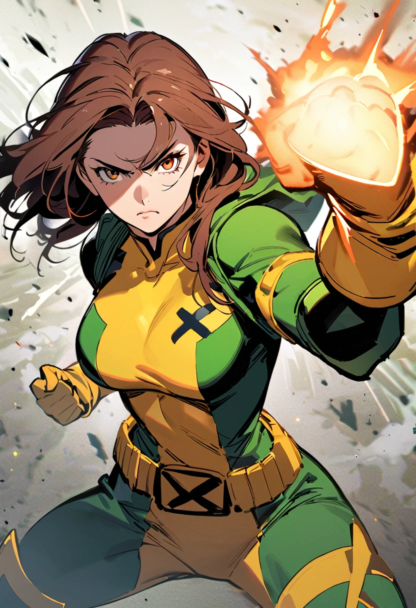  High resolution, portrait,  full body , battle pose, without defects, woman, rogue (marve) X-Men, breasts,   serious expression  