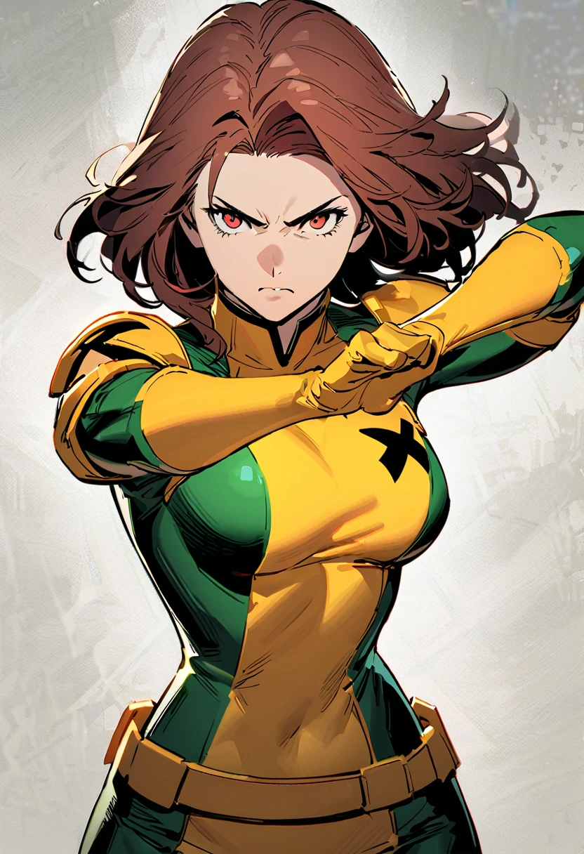  High resolution, portrait,  full body , battle pose, without defects, woman, rogue (marve) X-Men, breasts,   serious expression  