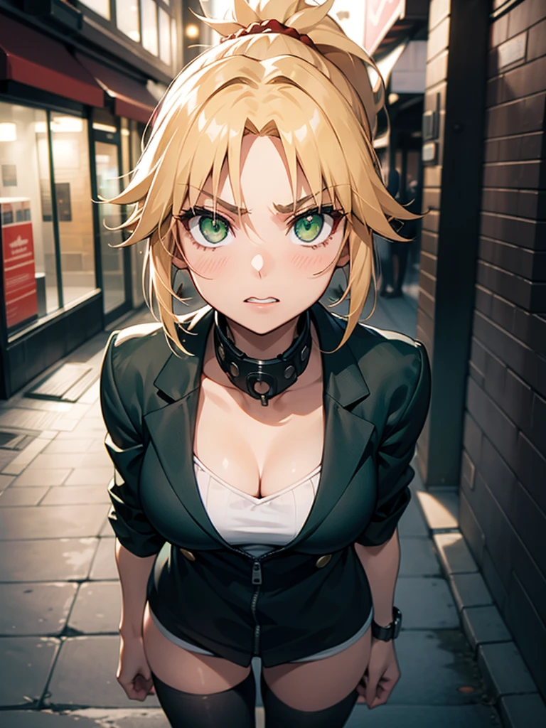 (​masterpiece、top-quality、hight resolution、Unity 8k、extremely details CG:1,Best Picture), modred, (green eyes:1.5), blonde hair, ponytail, short hair, scrunchie, red scrunchie, hair scrunchie, "A female underling with a tough appearance, standing on a city street at night, viewed from the perspective of her leader. She looks up in shock, mouth open and eyebrows raised, as she exclaims, 'Boss, you mean you’ve never been with a woman?!' Her expression is one of disbelief, a mix of surprise and awe, with a hint of teasing admiration. The dim streetlights cast a gritty, urban glow on her face, capturing the late-night city atmosphere."