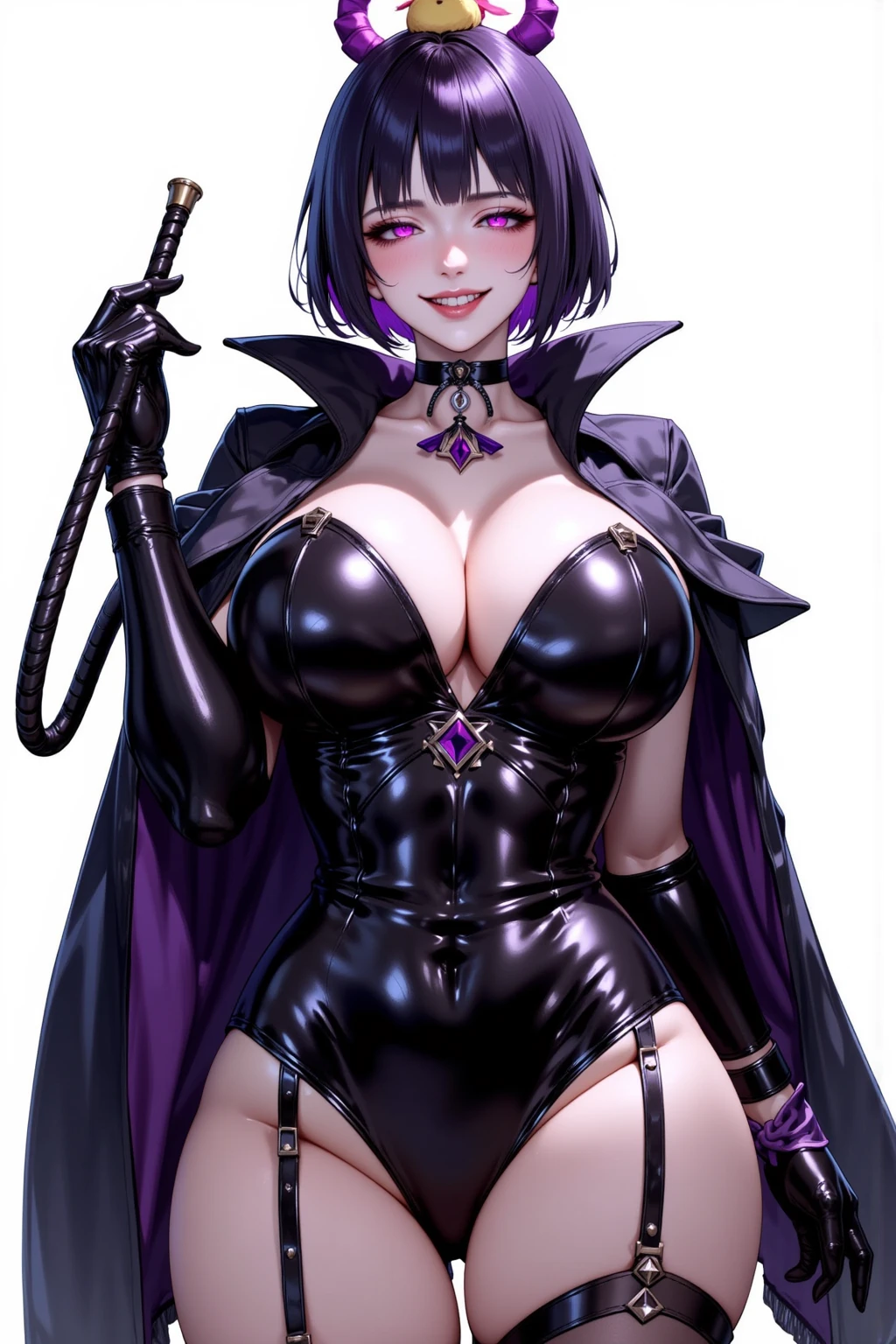  mature beautiful woman ,(Best Quality, Extremely Detailed Description , incredibly absurd high definition, Sharp Teeth Like a Beast ,Curvy Legs,Detailed pupil, Pottery Skin ,High quality anime drawings:2.0),(Female executive of an evil organization:2.3),(Black latex military costume:1.5, shiny black bondage dress with an intricate structure:2.0,Military cloak,Leather thigh-high boots, long gloves ,Leather Choker, black tights),eyelash, eyeshadow,(Glowing purple eyes,Crazy Eyes:2.0, Half-Closed Eyes :2.0, big chest, wicked smile:2.3,Shiny purple lips,Shadowed face,Seductive gestures,holding a whip in his hand:2.0),whole body, looking for a tongue ,There is a chick on top of the head:2.3