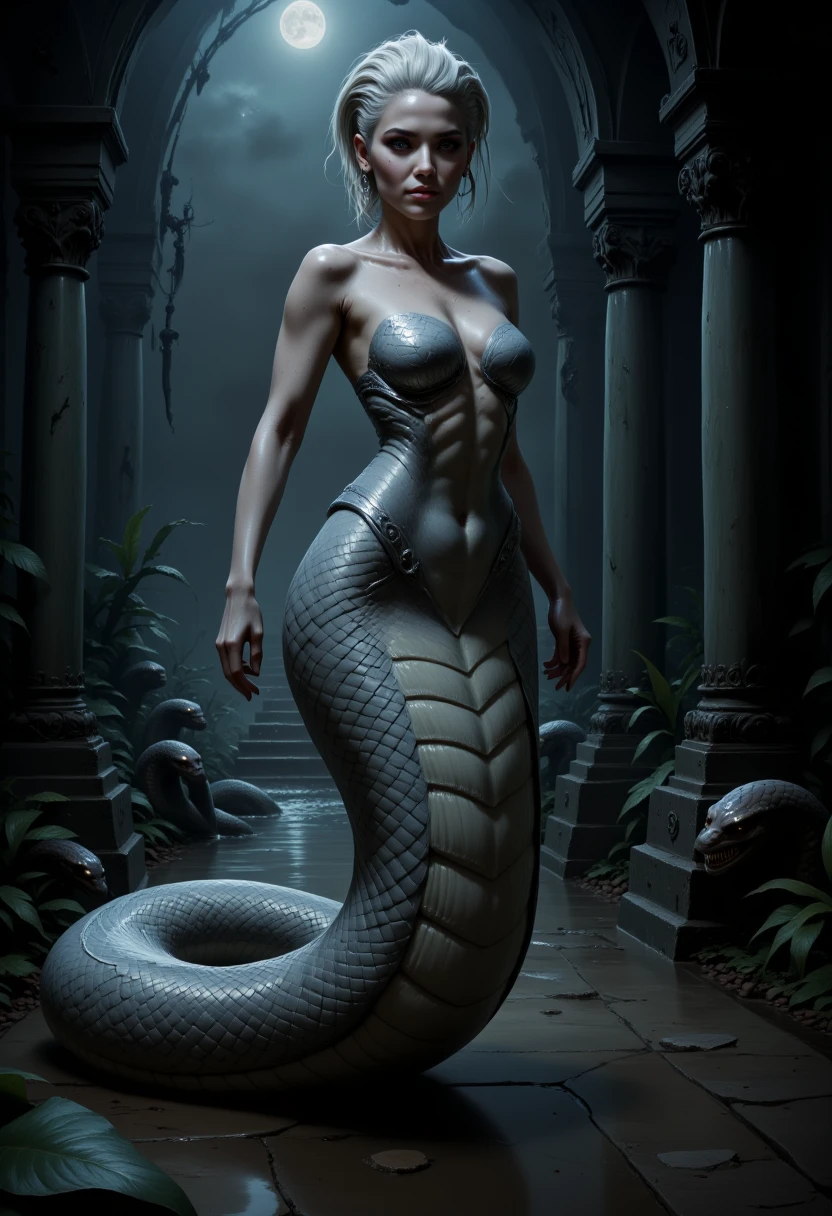 beautiful and sexy Naga woman,night,dark,temple,real photo