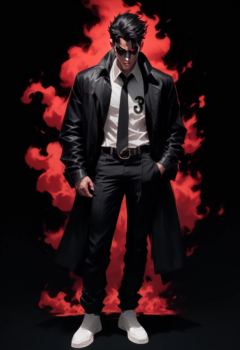 number 9, number 8, number 7, 1 man, perfect face, burning red eyes, black clothes, trousers, shoes, long black coat, black hair, red glare from lighting on clothes, comics, pure black background,