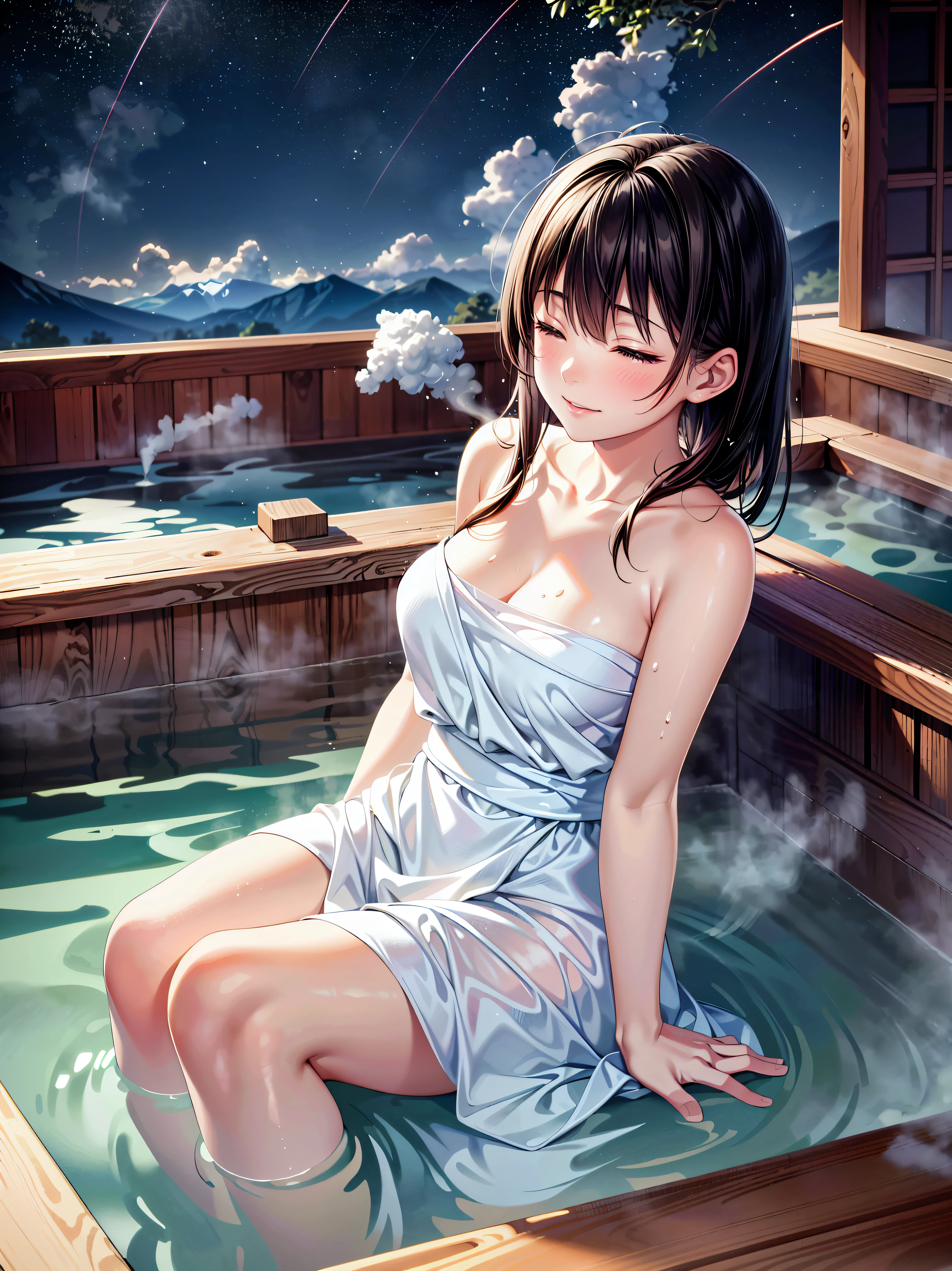 ( Ultra HD), (Super detailed), (Best Quality), Young woman,  wrap a white towel around your body,  Japanese Hot Springs,  Open-air Bath, Rock bath,  Yukemuri, ( steam :1.5), ((Submerge your body in the bath)), sit, relax,  upper body, Stretch your arms up,  close your eyes and laugh, smile, 積もったsnow, (snow:1.1), (((looking up at night sky, from below, at side))), Starry Sky, Meteor Shower, 