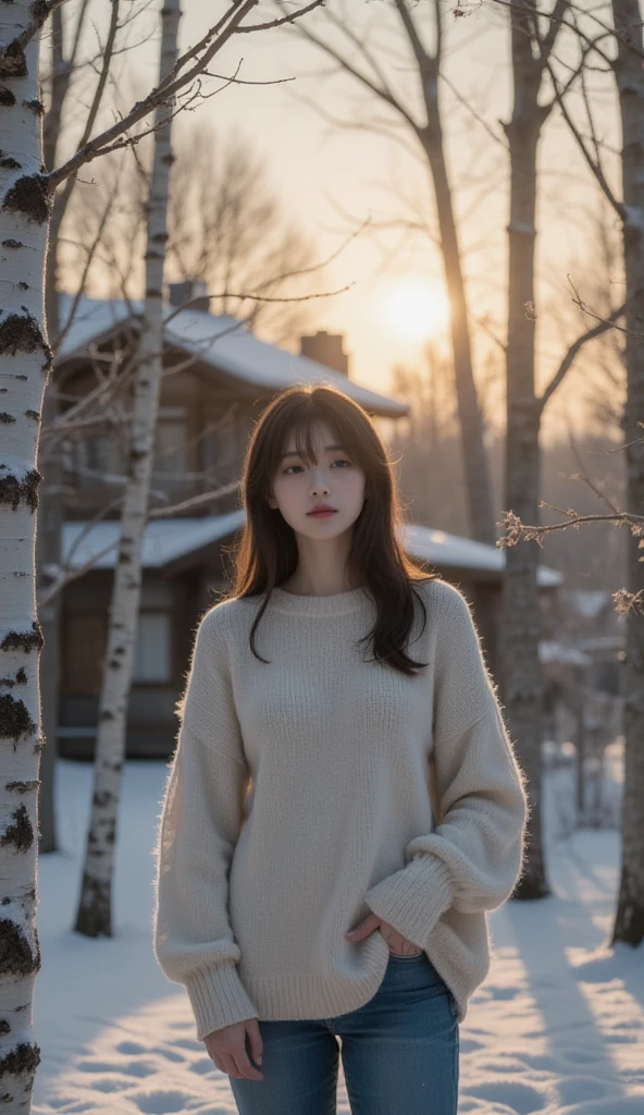 (table top、highest quality、8k、Award-winning work、ultra high resolution)、one beautiful woman、(Perfect burgundy turtleneck long sleeve knit sweater dress:1.2)、(white panties:1.2)、(Skirt flip:1.2)、long hair、( In the forest deep in the mountains of Northern Europe:1.1)、snow forest、mysterious forest snow scene、(blurred background:1.1)、(very bright and vivid:1.1)、(Very bright and shiny beautiful skin:1.2)、(thick legs:1.1)、(glamorous body:1.1)、(very big breasts:1.1)、(emphasize body line:1.1)、winter、(a sad expression looking at me:1.2)、A vivid and magical sunset、romantic sunset glow、shining snow、beautiful sunlight filtering through the foliage、epic movie lighting、The sparkle of fine diamond dust、Exactly、(accurate anatomy:1.2)、ultra high definition hair、ultra high resolutionの完璧な美しい歯、Ultra high definition beauty face、ultra high definition hair、Super high-definition sparkling eyes、輝くultra high resolutionの美肌、ultra high resolutionの艶やかな唇、epic movie lighting、the most romantic、the moodiest、romantic love feeling