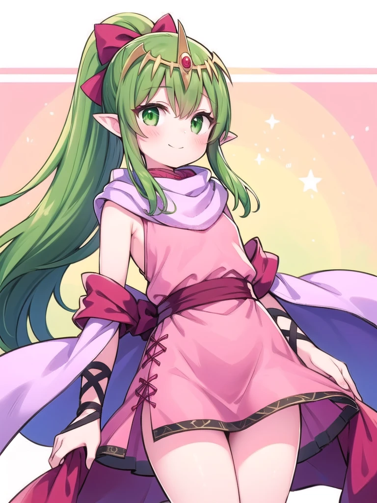 1girl, solo, masterpiece, best quality, perfect hands, smile, blush, closed mouth, cowboy shot, green eyes, pink robe, yTiki_fe, green hair, pointy ears, ponytail, red hair ribbon, bare legs, bare arm, short dress, pink dress, tiara, pink scarf