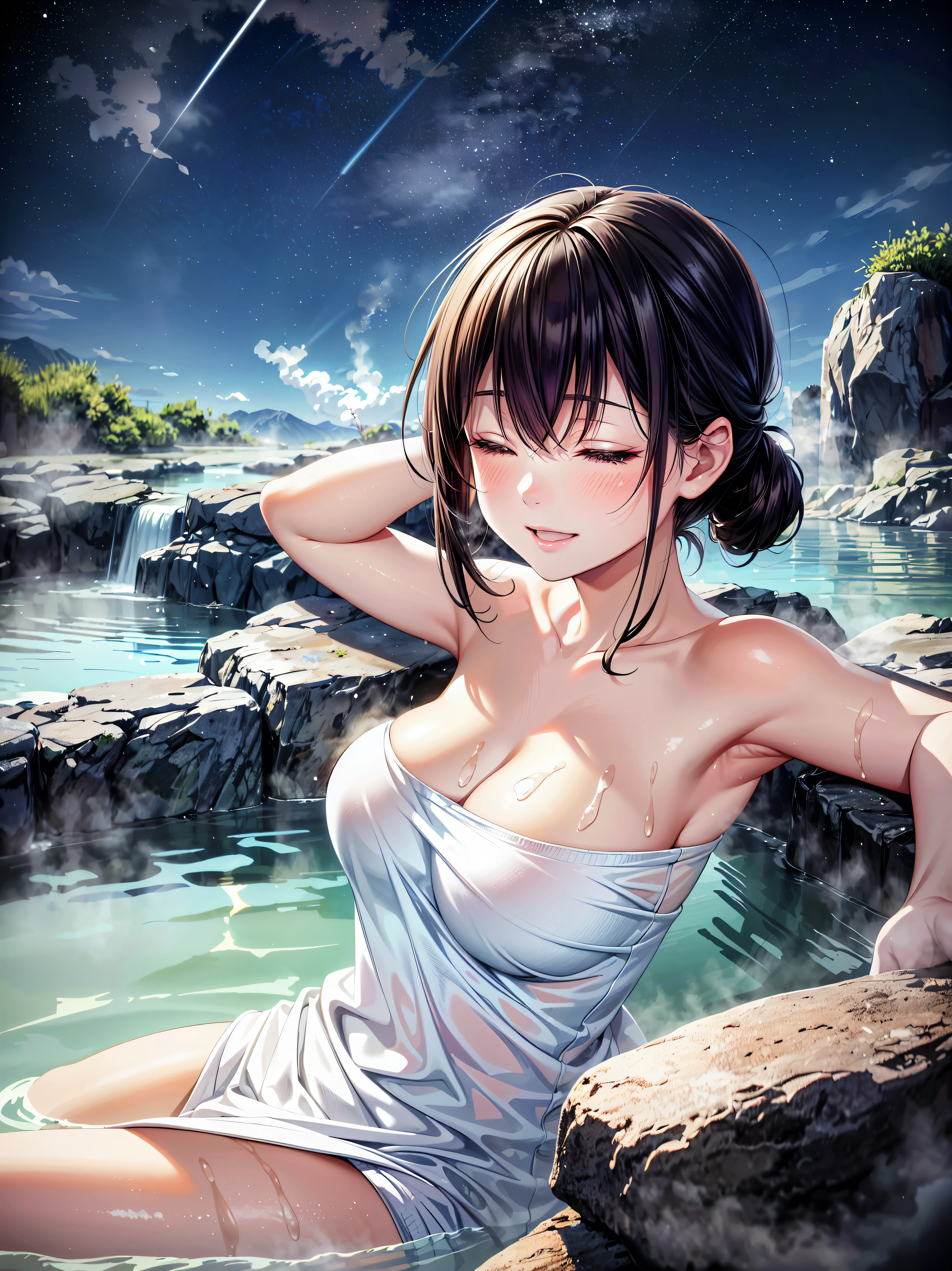 ( Ultra HD), (Super detailed), (Best Quality), Young woman,  wrap a white towel around your body,  Japanese Hot Springs,  Open-air Bath, Rock bath,  Yukemuri, ( steam :1.5), ((Submerge your body in the bath)), sit, relax,  upper body, Stretch your arms up,  close your eyes and laugh, smile, 積もったsnow, (snow:1.1), (((looking up at night sky, from below, at side))), Starry Sky, Meteor Shower, 