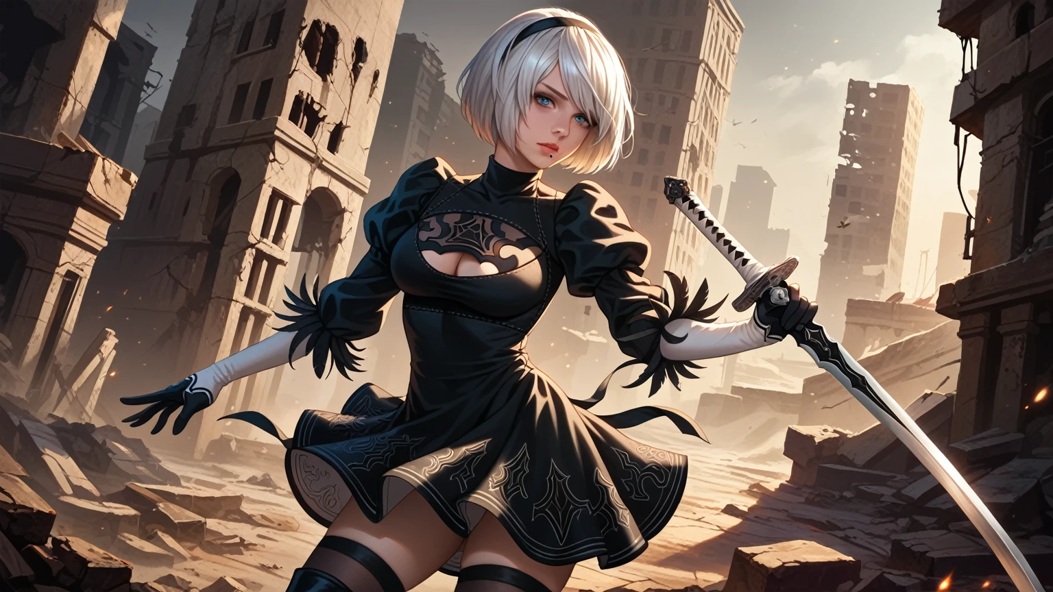 score_9, score_8_up, score_7_up,source_photo,
realistic, bright colors, high contrast, vivid lighting,
a mature adult woman draw inspiration from 2B_\(nier:automata\), 
detailed face, beautiful face, face in sharp focus,  
anatomically correct body, perfect hands, perfect fingers, 
bob cut, silver hair, black hairband, 
2B skirt, nier dress, cleavage cutout, skirt, thigh highs under boots, long sword,
dark background, city ruins, 

