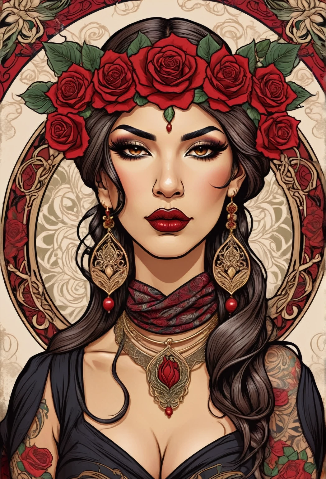 An illustration of a chicana mandrake chola with a fierce, determined expression. She has bold eyeliner, deep red lipstick, and wears a patterned bandana tied around her head. Hoop earrings and subtle tattoos accent her look, while roses and elegant Art Nouveau-inspired linework frame her shoulders and head, giving a sense of depth and artistry without overcrowding. The color palette combines earthy tones with accents of red, capturing both her strength and unique style.