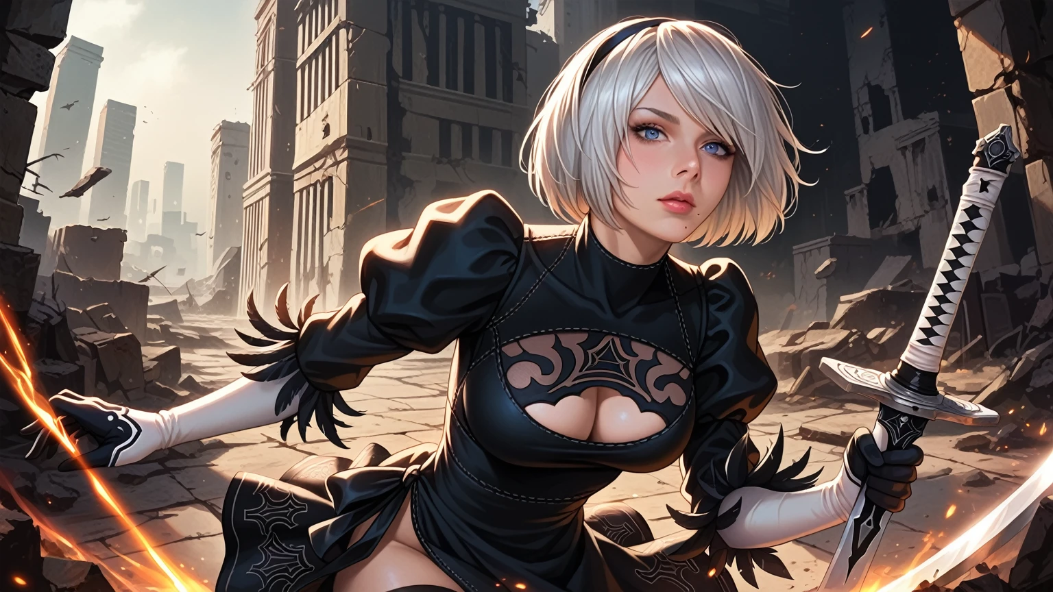 score_9, score_8_up, score_7_up,source_photo,
realistic, bright colors, high contrast, vivid lighting,
a mature adult woman draw inspiration from 2B_\(nier:automata\), 
detailed face, beautiful face, face in sharp focus,  
anatomically correct body, perfect hands, perfect fingers, 
bob cut, silver hair, black hairband, 
2B skirt, nier dress, cleavage cutout, skirt, thigh highs under boots, long sword,
dark background, city ruins, 

