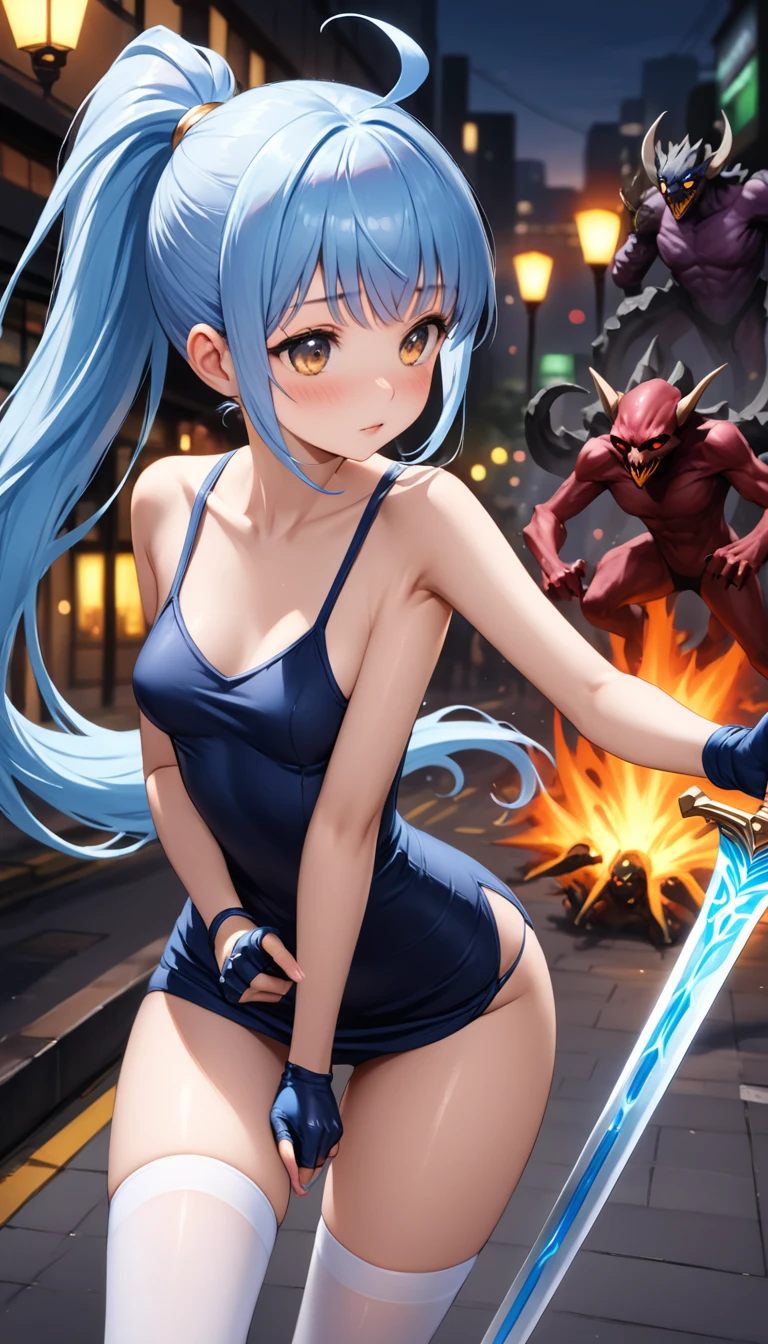 ((masterpiece,Best Quality:1.3,best quality illustrations)),cowboy shot,1woman,adult,(ponytail),straight long hair,light_blue hair,(very small head:1.2),bangs,gorgeous eyes,brown eyes,blush,(very long body:1.1),small breasts,( dark blue tank mini dress ,white_thighhighs), Navy Blue Fingerless Gloves,slender body,toned body,shiny skin,( holding a blue glowing sword 、Hold your sword correctly :1.2、Accurately drawn hands:1.2),Figure fighting monsters with swords:1.3、on street,(Hordes of monsters attack passers-by:1.3)Dark Clouds、Shinjuku、Tokyo、 Modern Fantasy World 、