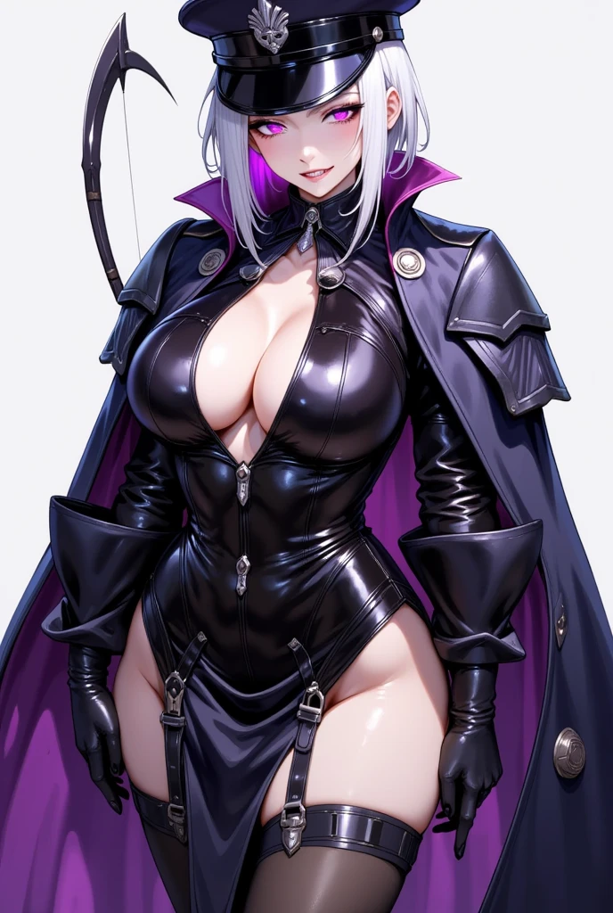  mature beautiful woman ,(Best Quality, Extremely Detailed Description , incredibly absurd high definition, Sharp Teeth Like a Beast ,Curvy Legs,Detailed pupil, Pottery Skin ,High quality anime drawings:2.0),(Female executive of an evil organization:2.3),(Black latex military costume:1.5, shiny black bondage dress with an intricate structure:2.0,military hat,Military cloak,Costume mask,Leather thigh-high boots, long gloves ,Leather Choker, black tights),eyelash, eyeshadow,(Glowing purple eyes,Crazy Eyes:2.0, Half-Closed Eyes :2.0, big chest, wicked smile:2.3,Shiny purple lips,Shadowed face,Seductive gestures,holding a whip in his hand:2.0),whole body, looking for a tongue ,From below:2.0,There's a chick on the head :2.3